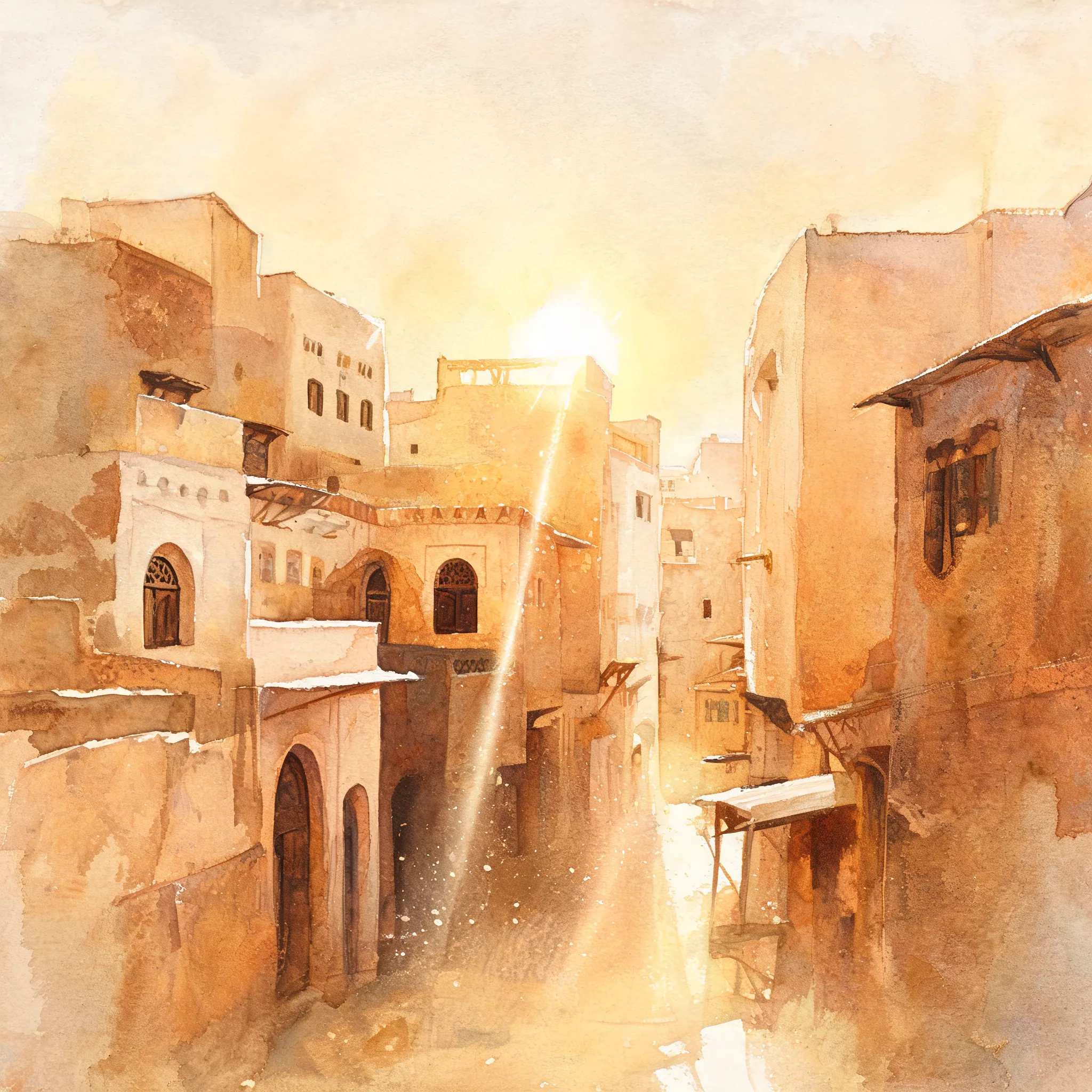 Moroccan medina, layered watercolor technique, ochre tone gradients, architectural negative space, sunlight penetration
