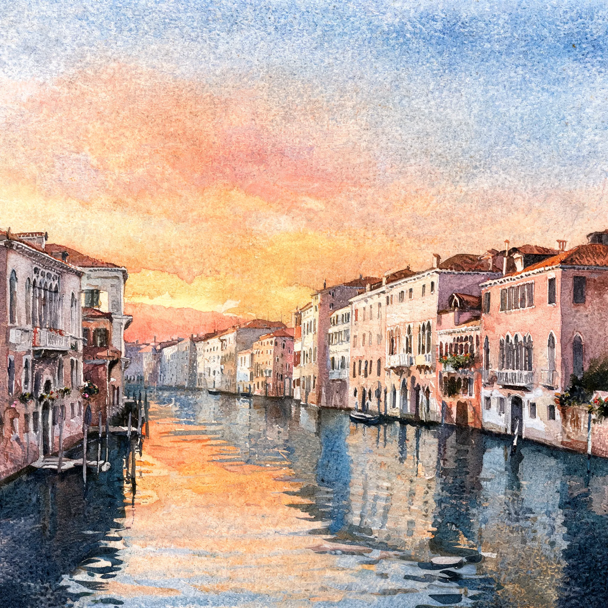Venice canal sunset, wet-on-wet watercolor technique, natural orange and blue bleeding, architectural reflections, rough watercolor paper texture