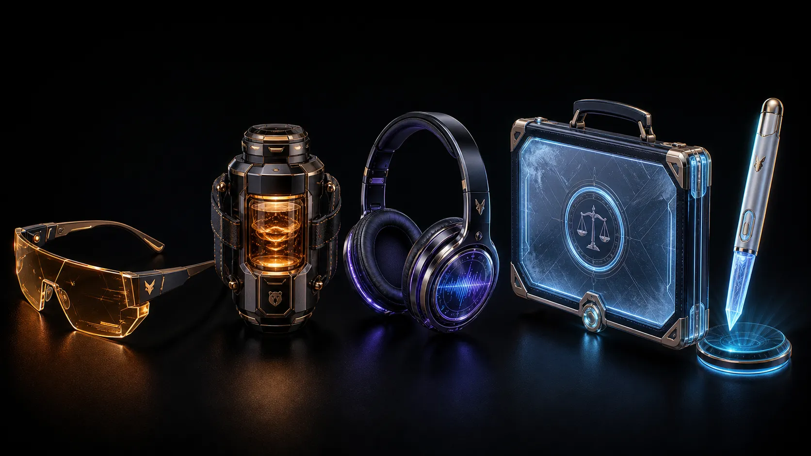 A premium 3D concept art sheet showing five transformation devices from an adult urban fantasy animated series: holographic projection glasses for a fox strategist, a warm amber coffee-core reactor for a bear protector, blue-purple sonic headphones for a black cat musician, an ice-blue legal-seal briefcase for a penguin lawyer, and a glowing digital stylus for a rabbit illustrator. Sleek wearable technology, mature urban fantasy style, cinematic studio lighting, sophisticated prop design, clean dark background, high-end streaming animation concept art. Negative prompt: childish toy props, preschool cartoon, plastic toy look, fantasy medieval weapons, giant robot parts, cheap superhero gadgets, messy layout, blurry, low quality, bad perspective, text, watermark. --ar 16:9