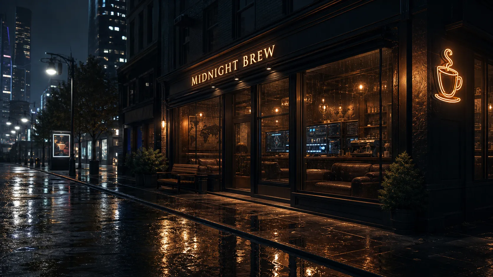 A cinematic exterior shot of “Midnight Brew”, a secret late-night coffee shop base in a rainy modern city, warm amber neon coffee cup sign, large wet windows, soft interior lights, subtle hidden tactical technology behind the counter, empty street after midnight, reflections on rain-slick pavement, adult urban fantasy atmosphere, mature stylish 3D animated environment design, premium streaming animation background art, cozy but mysterious. Negative prompt: childish cafe, preschool cartoon, toy-like building, fantasy castle, medieval tavern, horror gore, messy clutter, bad perspective, blurry, low quality, text errors, watermark.