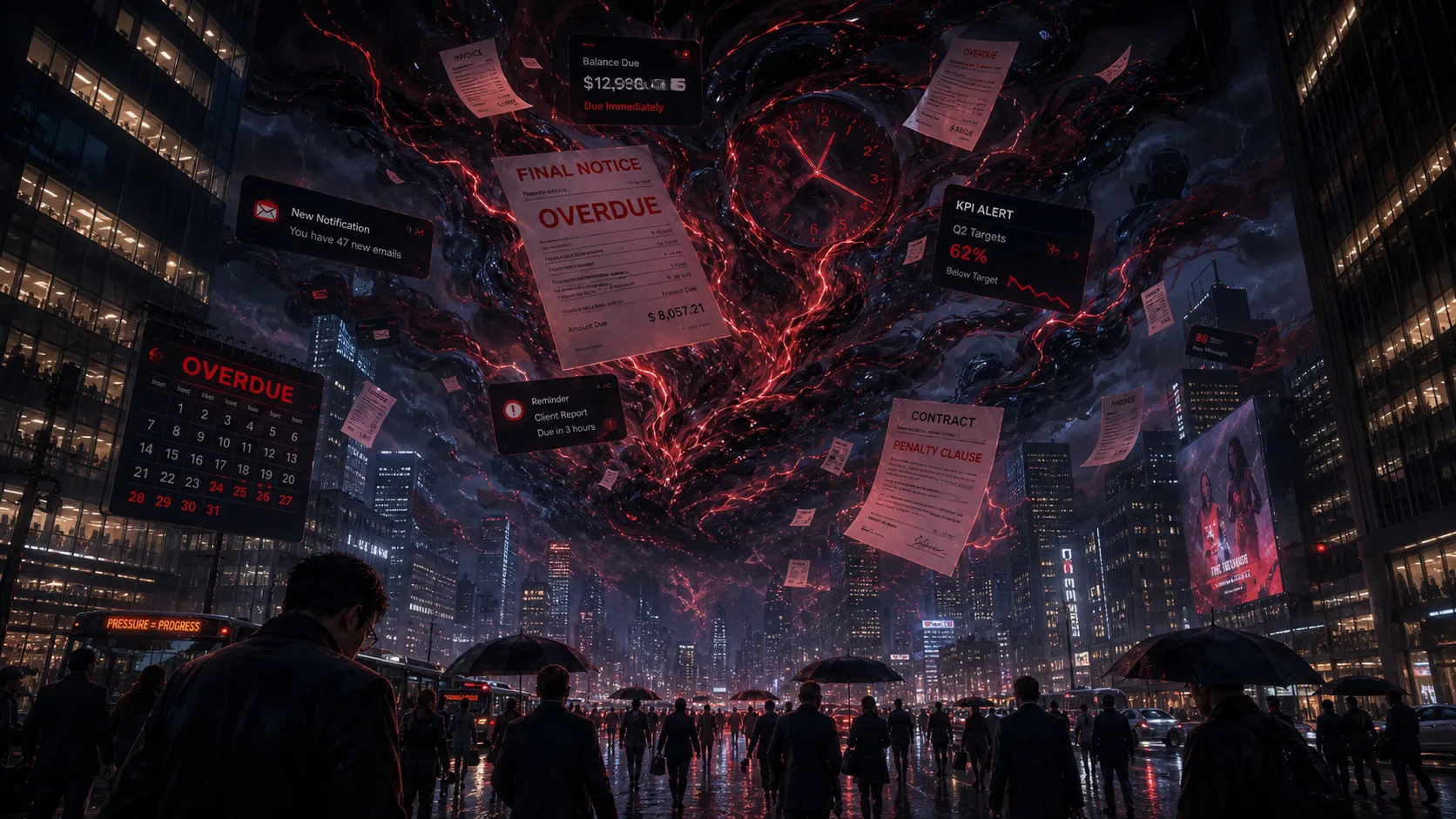 A visual concept art scene showing stress energy corrupting a modern city at night, floating overdue bills, red calendar alerts, phone notifications, KPI charts, clock hands and contract papers twisting into dark glowing urban fantasy energy above crowded streets. Office towers, neon lights, heavy rain, psychological pressure made visible, elegant and unsettling but not horror, cinematic 3D animated style, mature adult animation worldbuilding, premium concept art. Negative prompt: gore, blood, zombies, fantasy demons, childish monster, preschool cartoon, toy-like city, colorful kids show, realistic photo, messy composition, blurry, low quality, watermark.