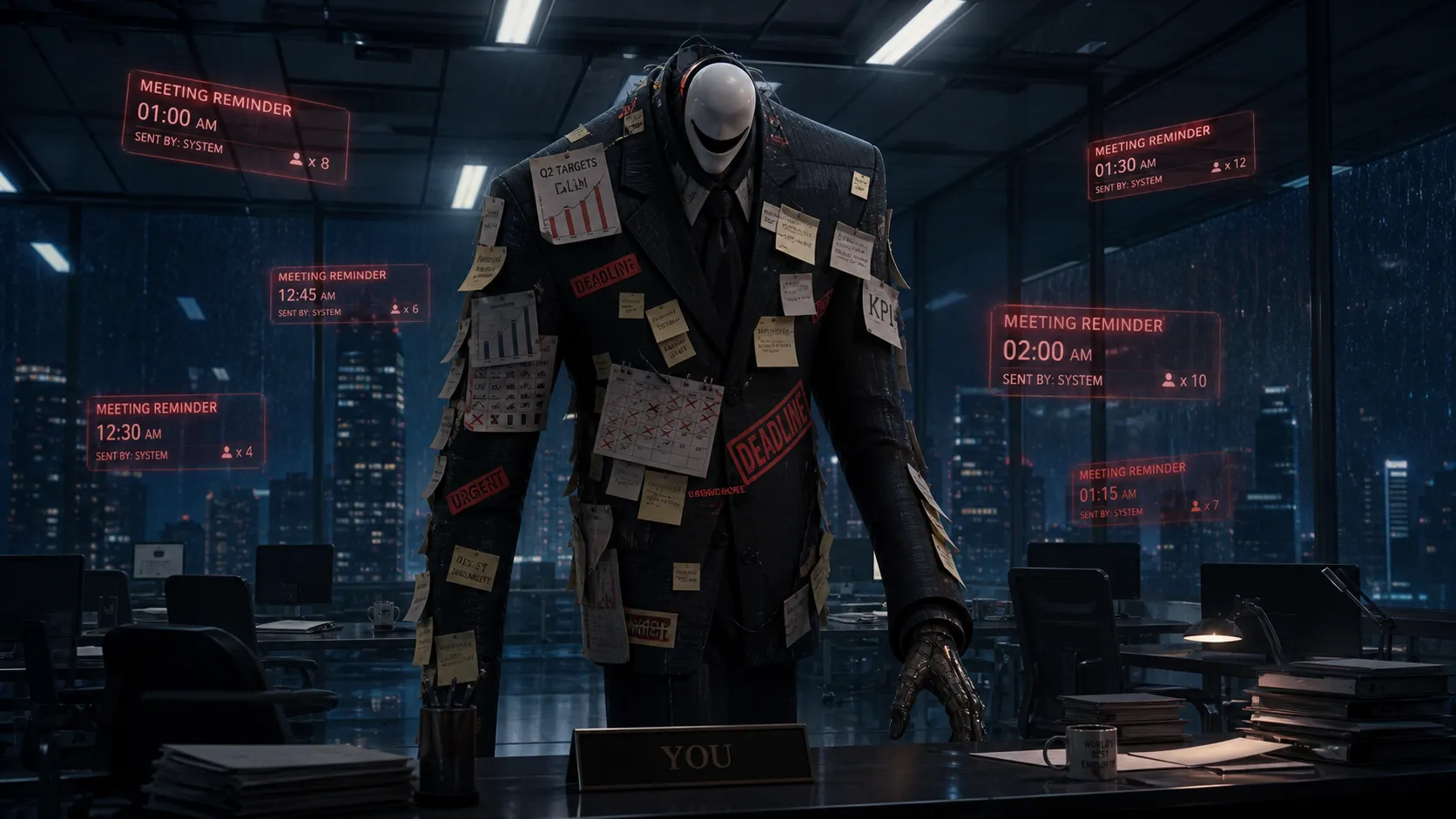 A cinematic first encounter scene from an adult urban fantasy animated series, inside a glass office building after midnight. A Corporate Pressure Creature appears between empty desks, wearing a distorted black office suit fused with sticky notes, calendar alerts, KPI charts and red deadline stamps. Its face is a polished white mask with a permanent corporate smile and no eyes. Cold fluorescent lights, rain outside the windows, floating red meeting reminders, psychologically unsettling but elegant, mature 3D animated style, premium streaming animation key art. Negative prompt: childish villain, toy monster, preschool cartoon, colorful kids show, cheap horror, gore, blood, zombie, fantasy demon, realistic photo, ugly random creature, bad anatomy, extra limbs, blurry, low quality, watermark.