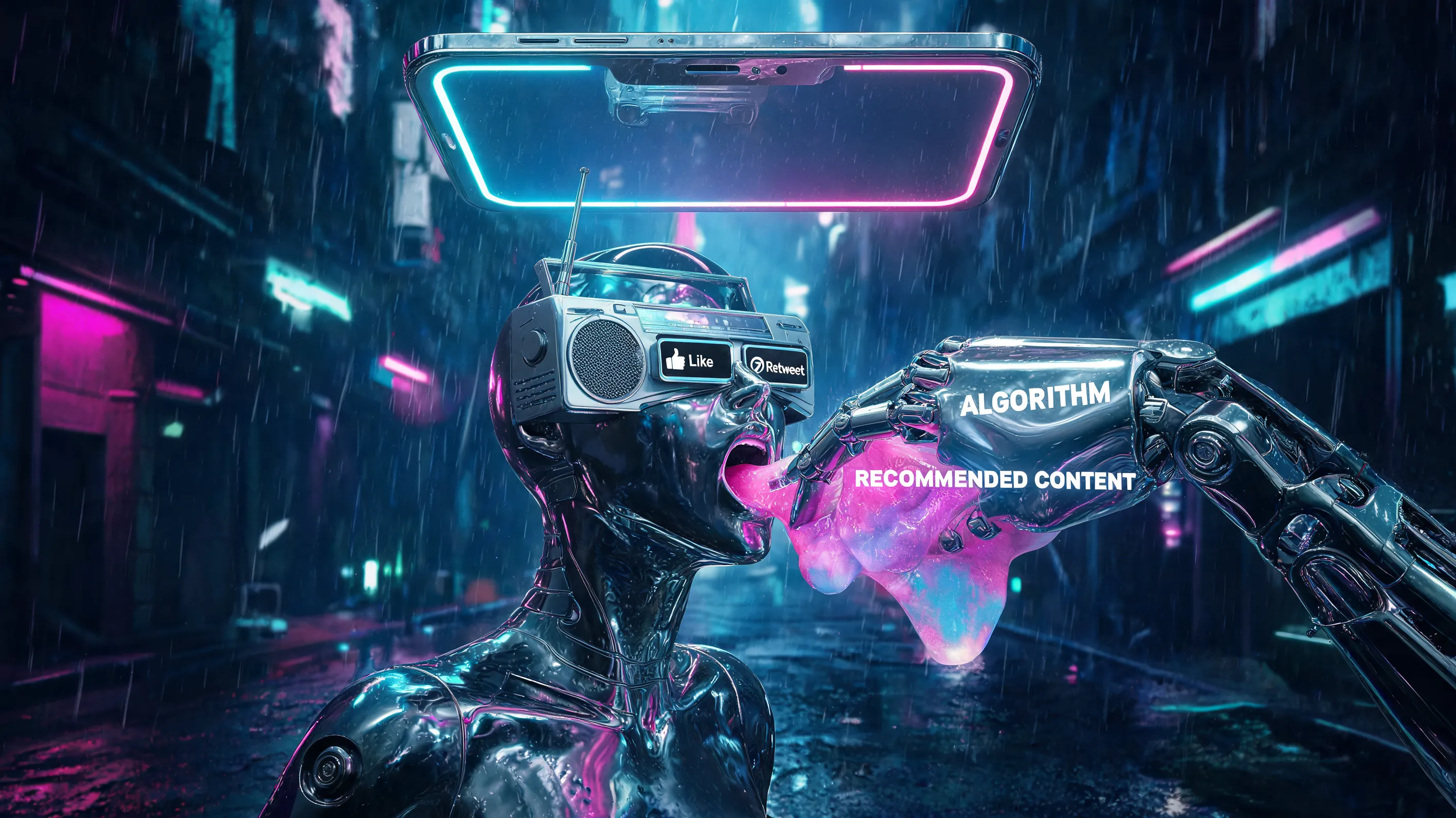 Cyberpunk style fused with Hajime Sorayama's hyper-detailed chrome aesthetics, a giant floating smartphone screen dominates the center, a robotic arm labeled "Algorithm" force-feeding glowing semi-liquid "Recommended Content" into the mouth of a human with a receiver-shaped head, the human's eyes are replaced by small LED screens showing "Like" and "Retweet" icons, glossy metallic skin texture, reflective chrome surfaces, neon magenta and cyan lighting against dark wet alley background, dramatic volumetric light beams, 8k hyperrealistic rendering, sharp focus, cinematic composition.