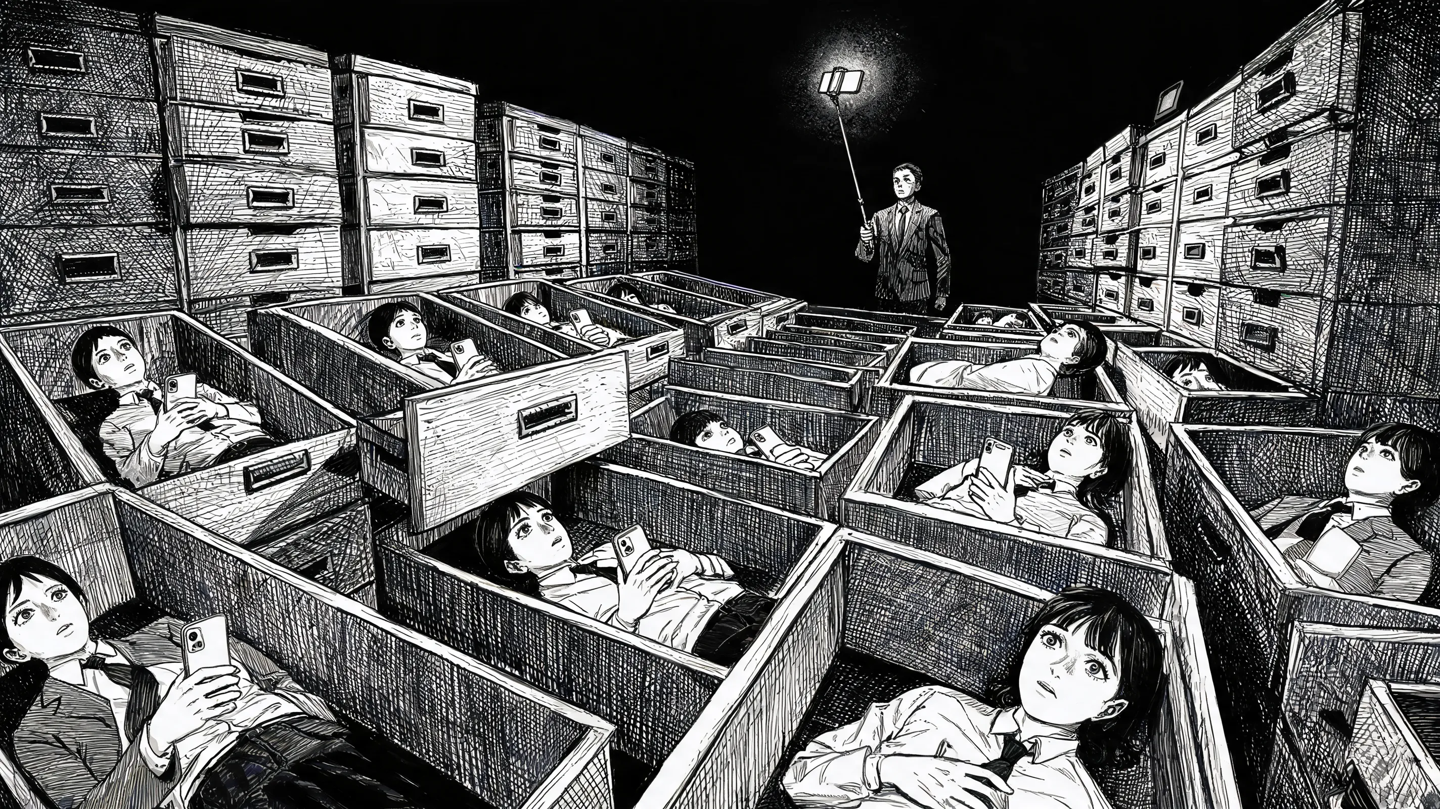 Manga style in the vein of Katsuhiro Otomo (Akira), black and white ink drawing with heavy cross-hatching, office cubicles drawn as sterile morgue drawers stacked in rows, each drawer contains a well-dressed office worker lying still but eyes wide open, holding a phone, a manager in the distance livestreaming with a selfie stick, the only light source is the harsh cold white screen glow from the manager's phone, deep shadows, gritty textures, dramatic chiaroscuro, high contrast noir atmosphere, detailed architectural background, pen-and-ink sketch aesthetic.