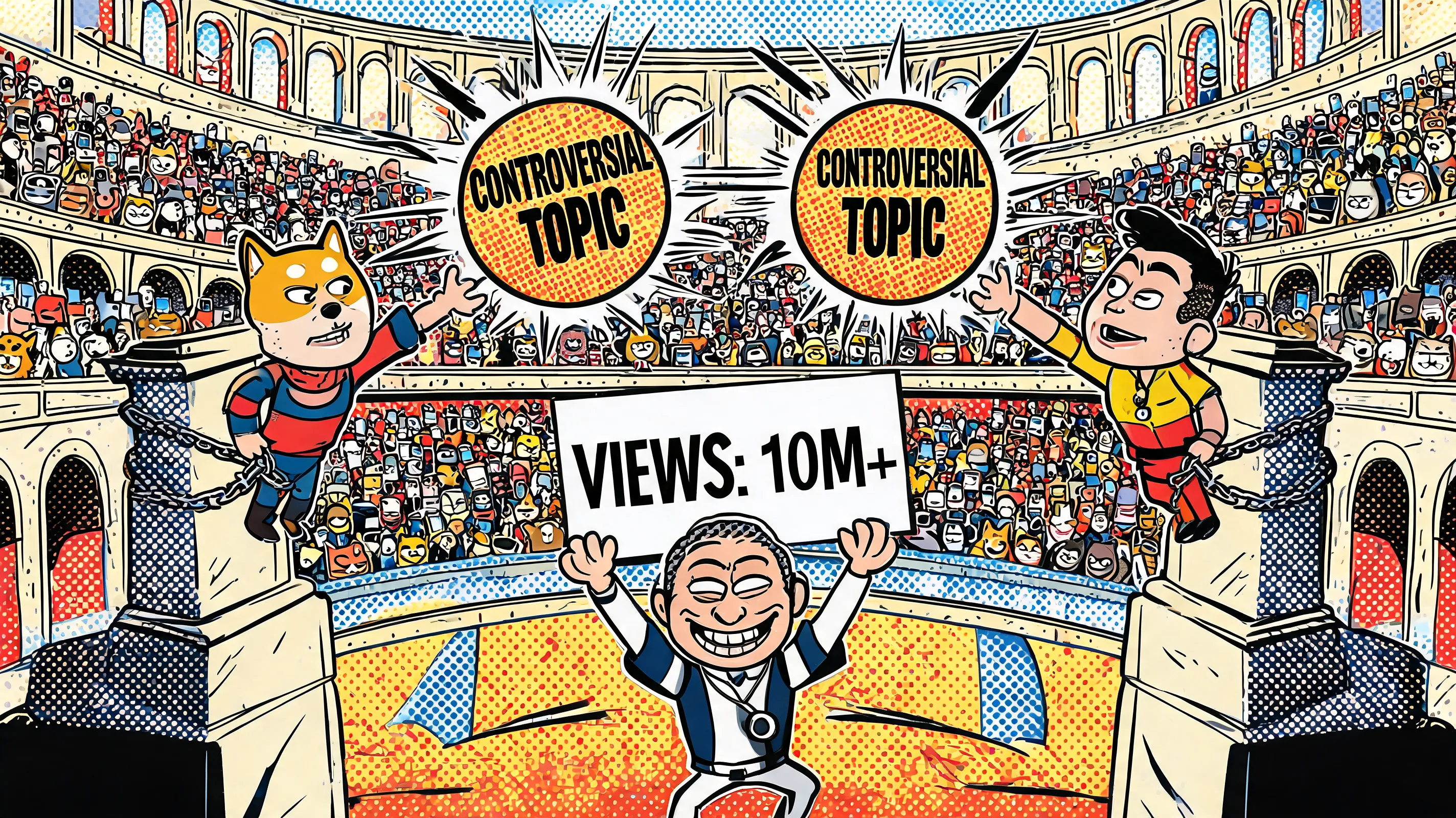 American satirical caricature style combined with Roy Lichtenstein's pop art Ben-Day dots printing effect, Roman Colosseum filled with spectators holding smartphones whose heads are replaced by meme avatars and animal faces, two polarized influencers chained to pillars throwing explosive "Controversial Topic" bombs at each other, a referee holding a giant counter showing "Views: 10M+" with a greedy smirk, exaggerated cartoonish anatomy, bold black outlines, primary red yellow and blue color palette, halftone screen texture overlay, comic book panel composition, dramatic action lines.
