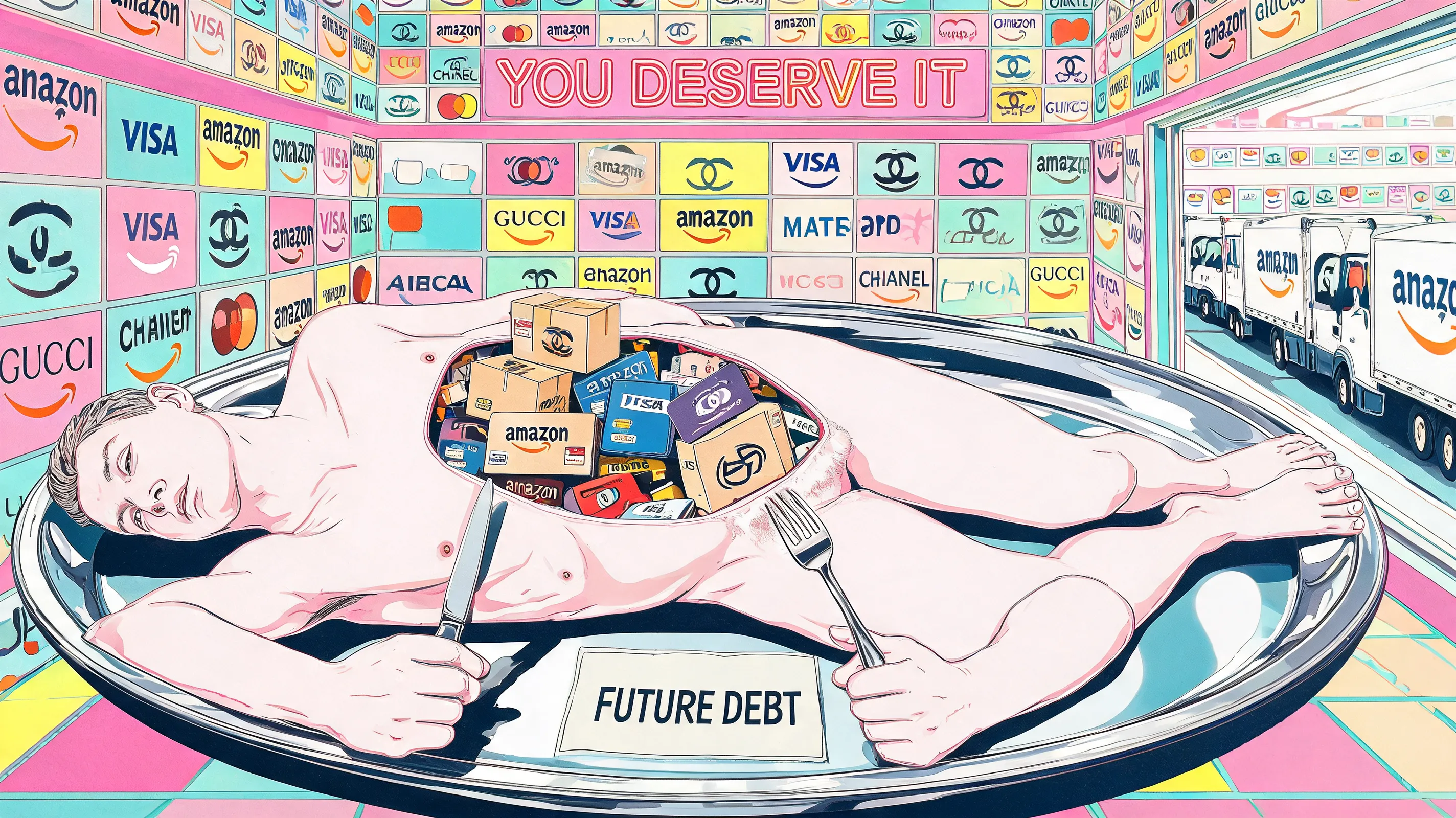Pop art surrealism in the style of Andy Warhol, a giant silver dinner tray holds a naked human figure lying supine, the torso is surgically opened to reveal a mass of Amazon boxes, credit cards, and luxury brand logos instead of internal organs, the figure holds a knife and fork preparing to eat a "Future Debt" bill, neon signs reading "You Deserve It" flash in the background, delivery truck convoys stretch outside the window, flat high-contrast screen-printing aesthetic, repetitive commercial logos as wallpaper, garish pink yellow and turquoise palette, cold supermarket fluorescent lighting, unsettling glossy finish.