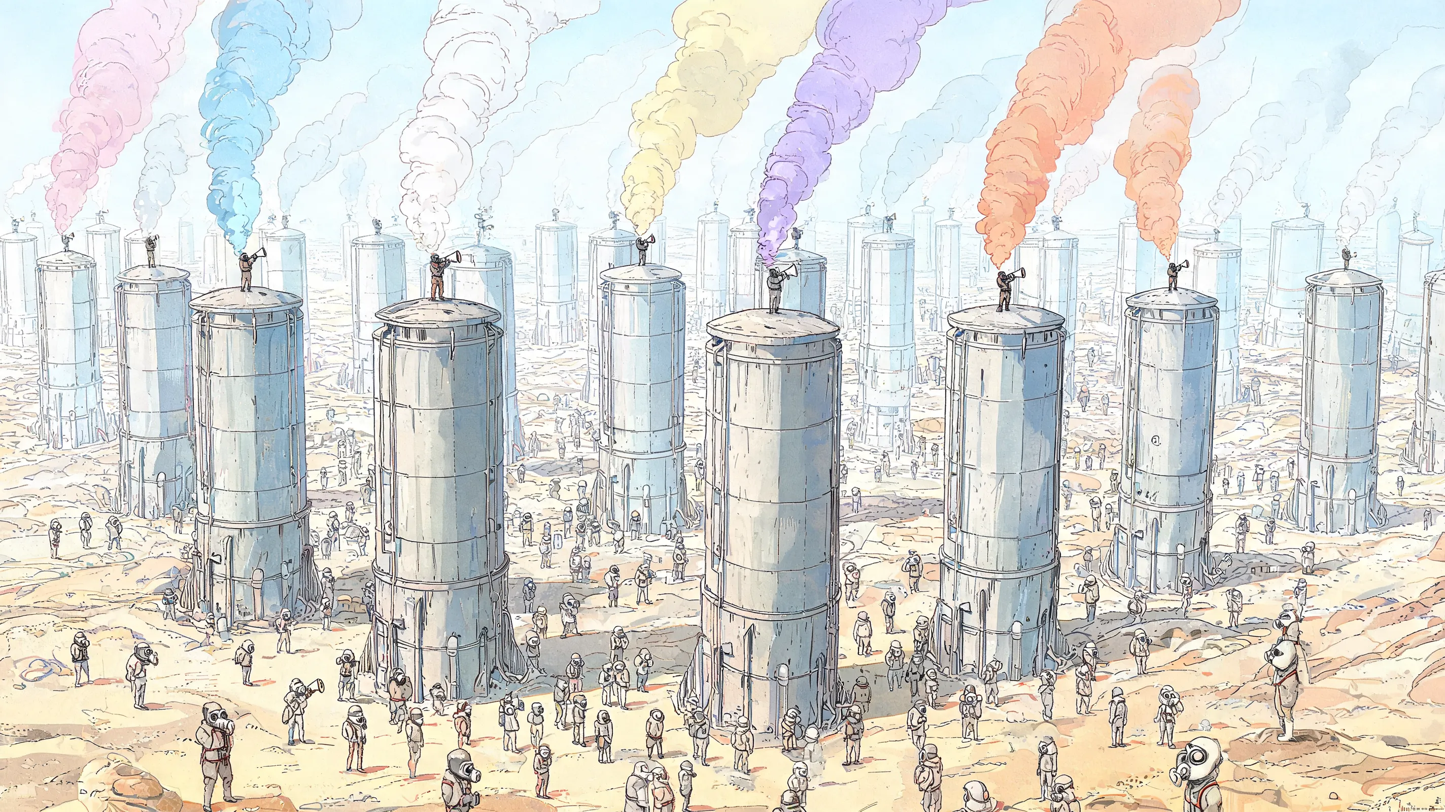 French sci-fi comic style inspired by Moebius (Jean Giraud), post-apocalyptic industrial wasteland, birds-eye panoramic view, countless towering smokestack-like silos rise from the ground, each silo top has a tiny figure shouting through a megaphone while colorful smoke (representing specialized information) swirls only above each silo without mixing, ordinary people on the ground wearing gas masks look up at the overwhelming chaotic smoke, exquisite fine linework with watercolor-wash textures, desaturated ochre, dusty gray, and misty blue color scheme, immense scale contrast between massive geometric structures and miniature humans, quiet melancholic atmosphere, detailed mechanical architecture, soft diffused lighting.