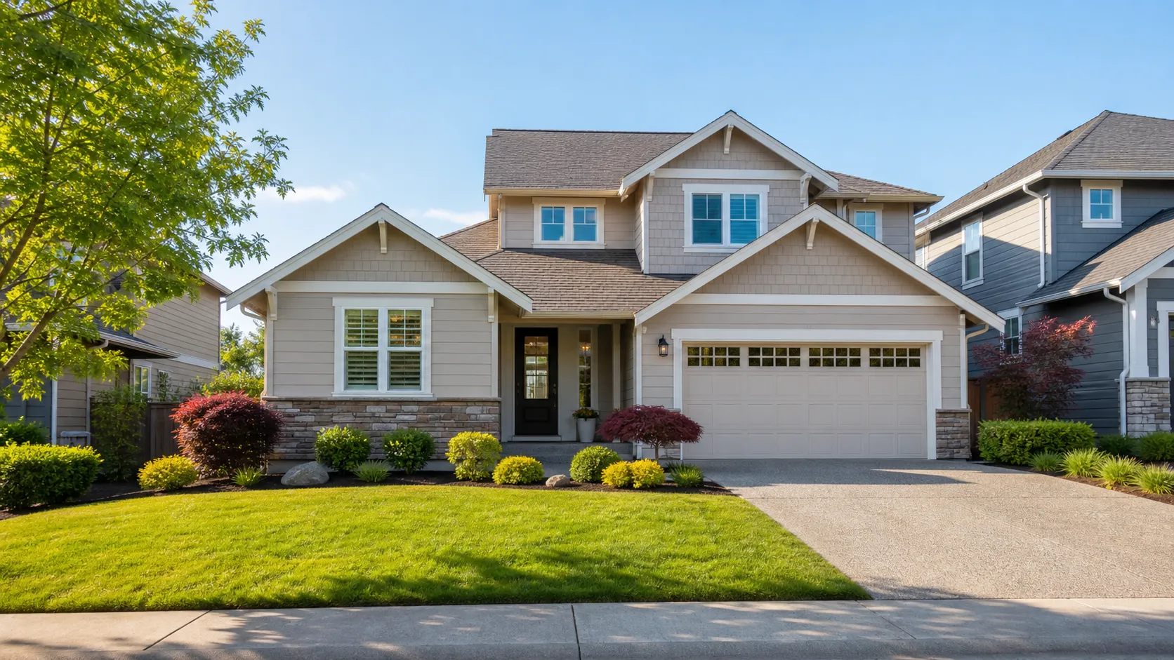 A bright modern suburban home exterior in the United States, well-maintained front yard, clean driveway, warm afternoon sunlight, realistic real estate photography style, inviting family neighborhood, suitable for a property listing or real estate website, no people, no text, no logo Negative prompt: distorted architecture, unrealistic house, messy yard, blurry, low quality, dark lighting, text, watermark, logo