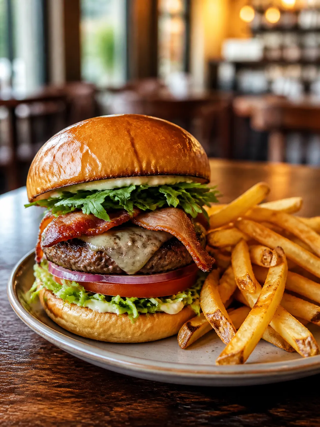 A realistic close-up photo of a gourmet burger and fries on a wooden table in a casual American restaurant, warm natural lighting, appetizing food styling, shallow depth of field, suitable for restaurant social media marketing, no text, no logo Negative prompt: fake food, plastic look, messy plate, bad hands, blurry, low quality, oversaturated, text, watermark, logo