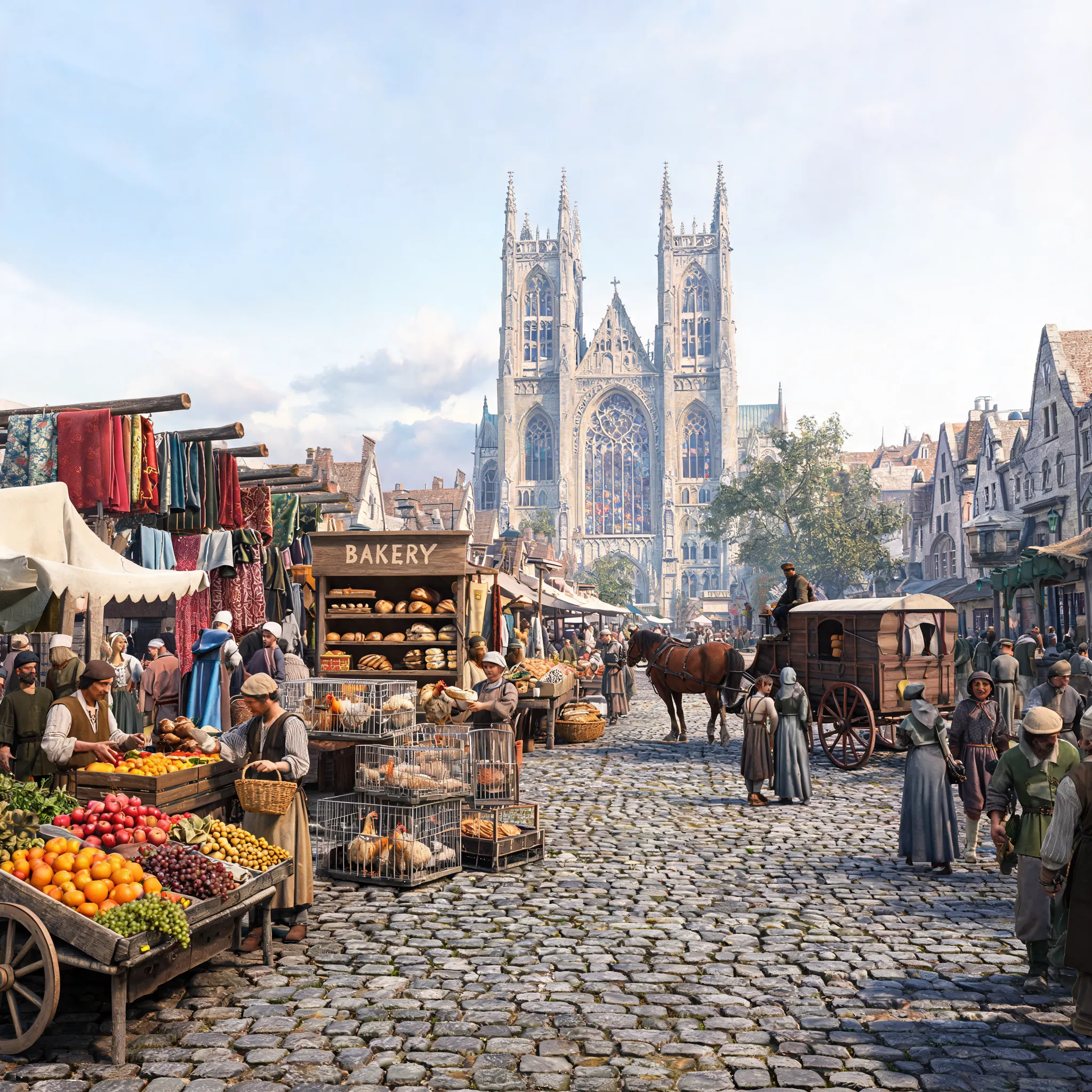 Bustling marketplace, fruit vendors, poultry merchants, baker, fabric traders, cobblestone streets, Gothic cathedral, horse carriages, daily life scenes