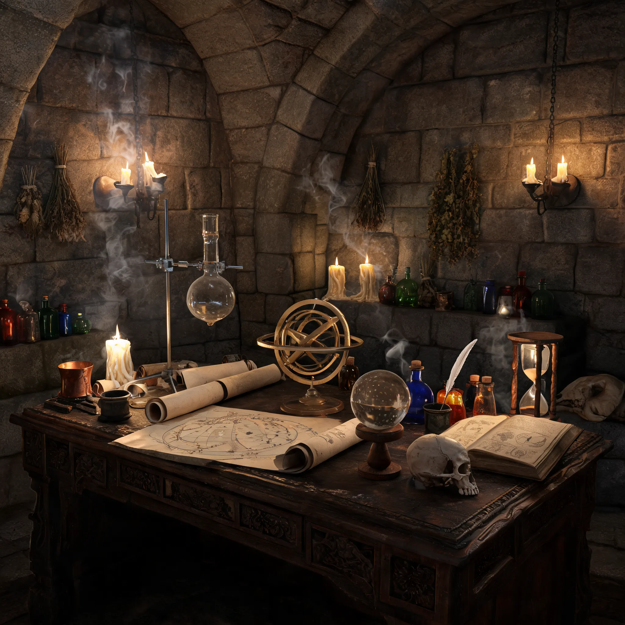 Medieval stone chamber, ancient oak desk, glass distillation apparatus, parchment scrolls, astronomical instruments, dried herb bundles, copper crucibles, crystal sphere, quill and inkwell, skull specimens, hourglass, alchemy books, candle smoke, colored glass bottles, celestial maps