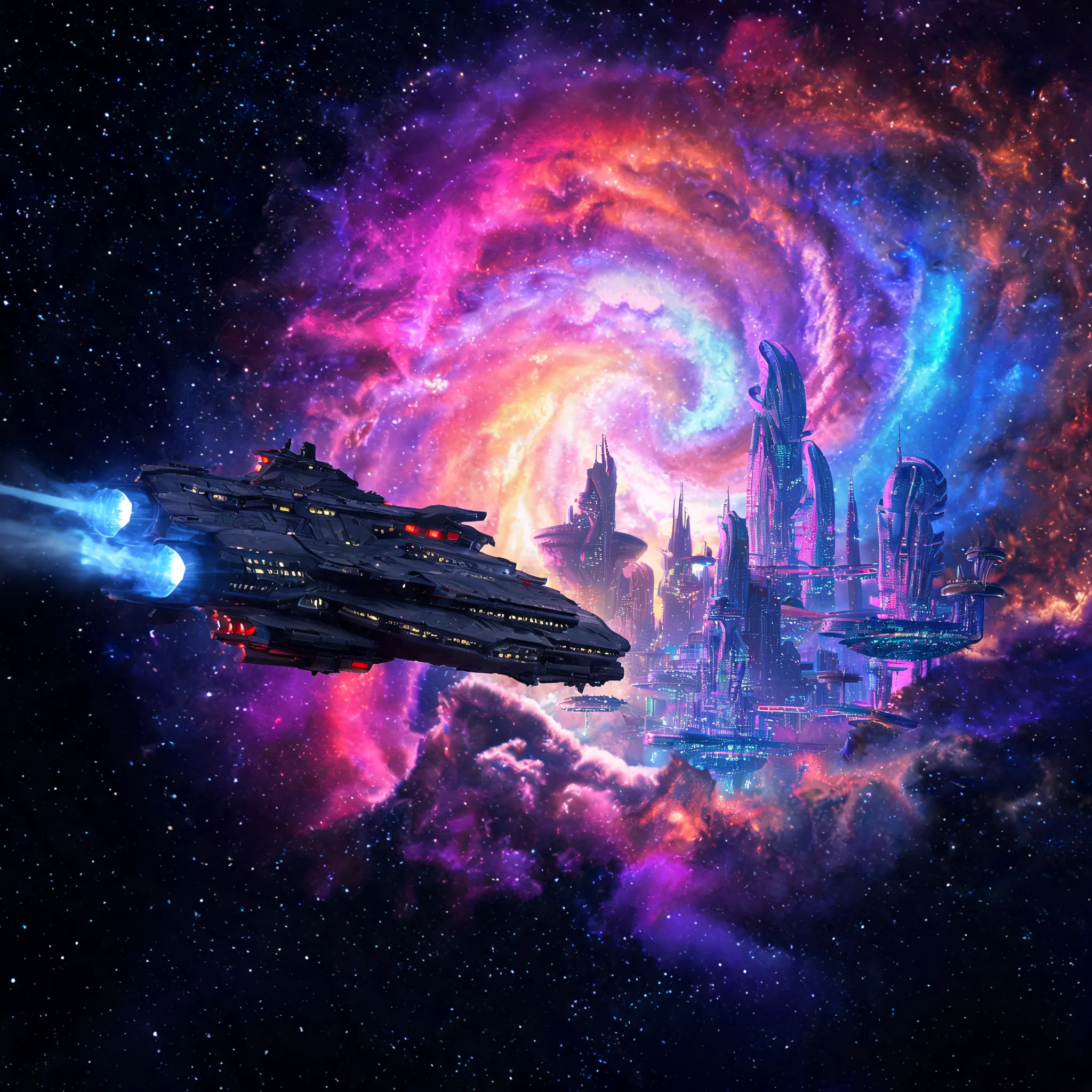 Space battleship, brilliant nebula, alien cityscape