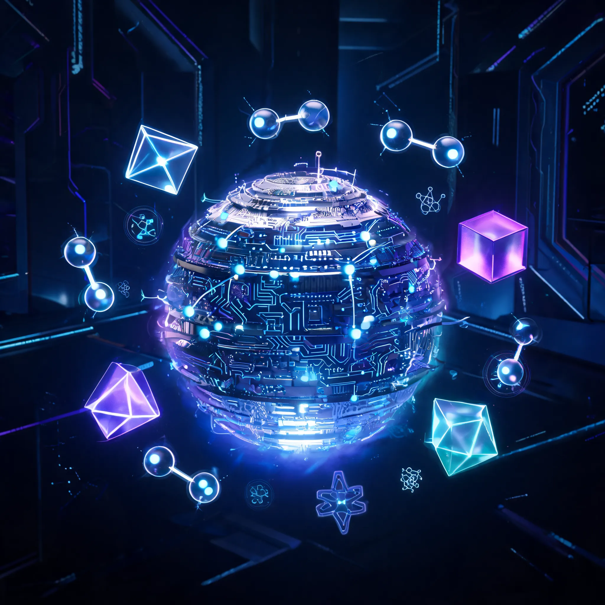 Complex quantum computer core with floating geometric shapes, emanating holographic projections