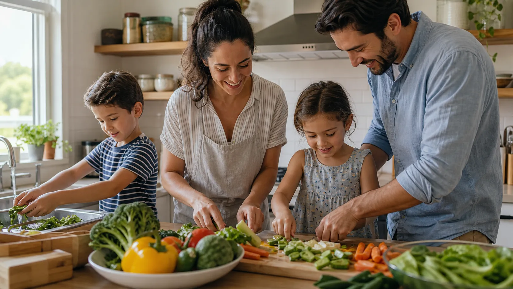 A realistic lifestyle photo of a family preparing dinner together in a bright modern kitchen, parents and children cooking vegetables, warm natural light, casual authentic moment, suitable for a parenting blog or home lifestyle article, no text, no logo Negative prompt: awkward faces, distorted hands, messy kitchen, fake stock photo, blurry, low quality, text, watermark, logo