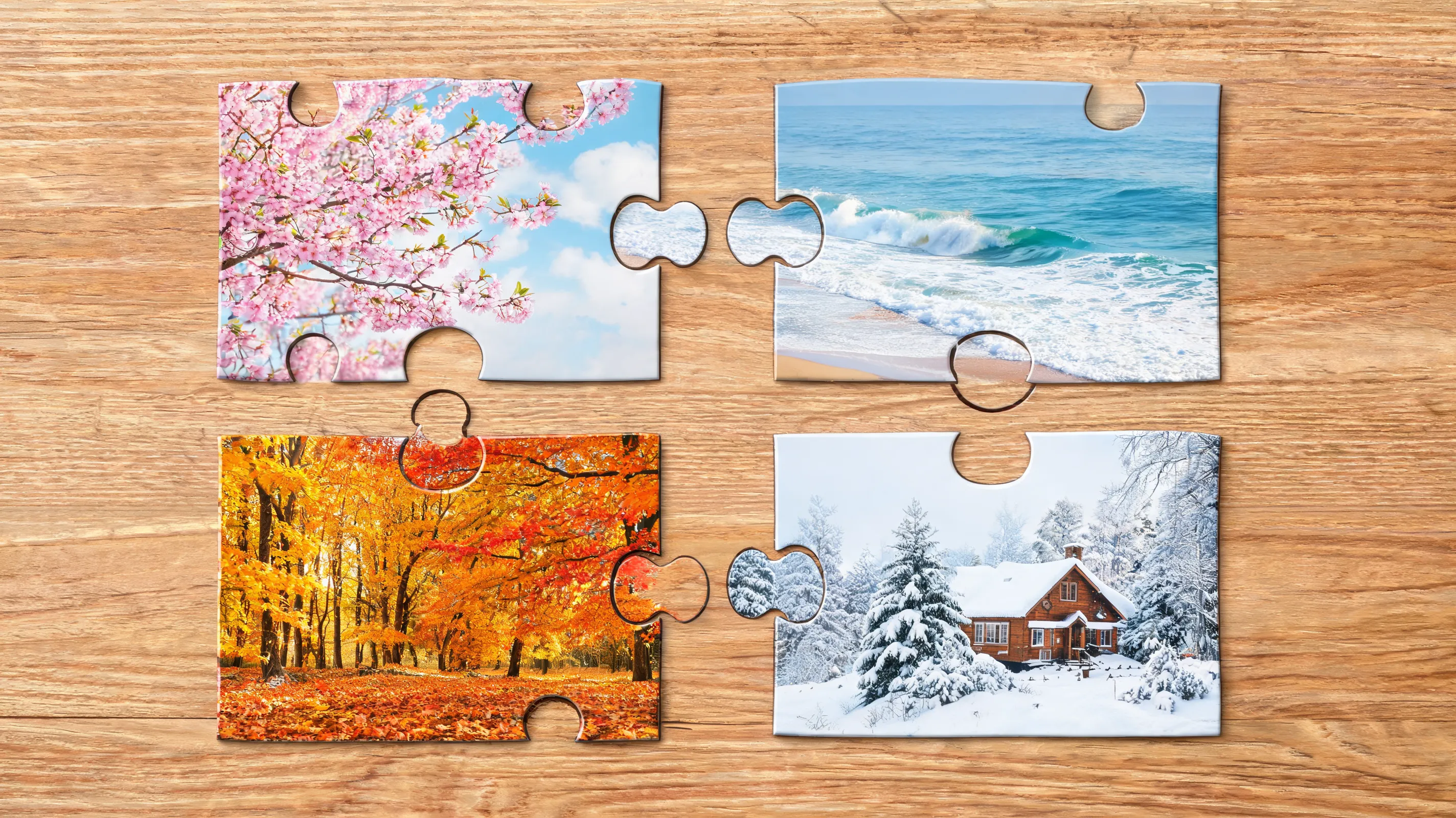 A jigsaw puzzle composition split into 4 large interlocking pieces, each piece depicting a different season: spring cherry blossoms, summer ocean waves, autumn golden forest, winter snowy cabin. The pieces are slightly separated on a wooden table, showing puzzle cut lines, photorealistic style, soft natural lighting, 8k, detailed texture.