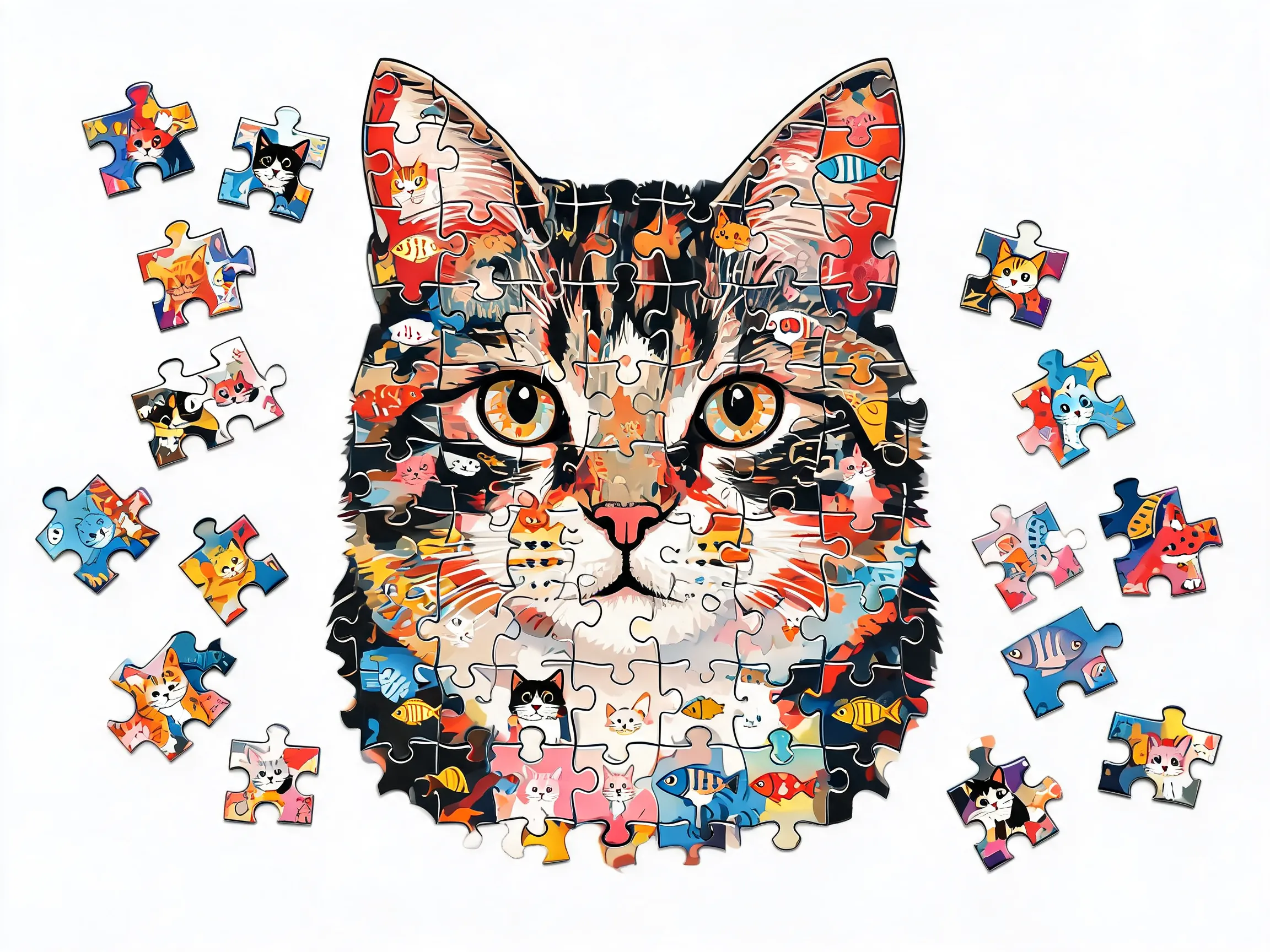 A portrait of a cat formed by hundreds of small jigsaw puzzle pieces, each piece containing a tiny different colored cat or fish pattern, puzzle piece edges clearly visible with gaps, scattered puzzle pieces around, colorful and vibrant, pop art style, digital illustration, high contrast.