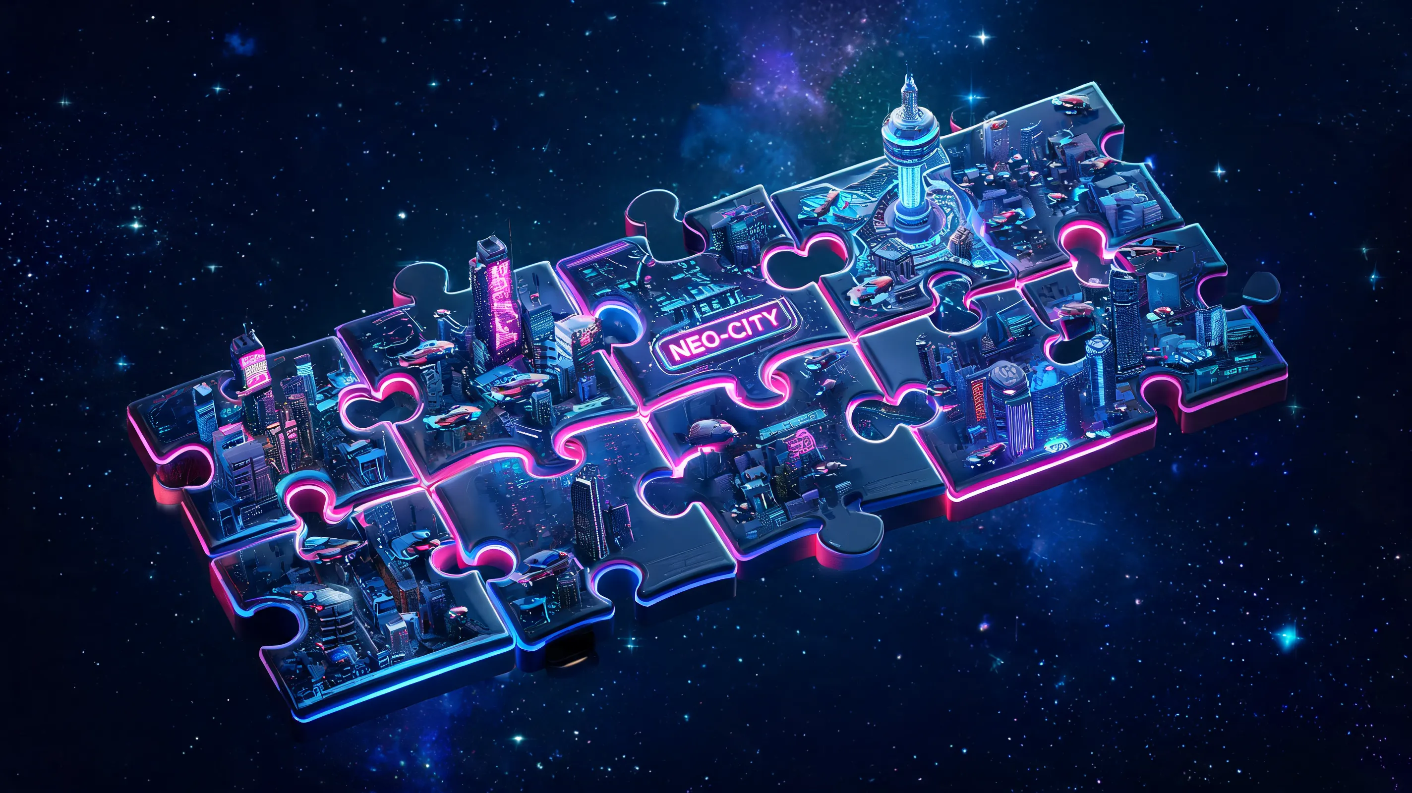 A giant jigsaw puzzle floating in space, each puzzle piece is a 3D isometric block depicting a different futuristic city sector, neon blue and pink glowing seams between pieces, cyberpunk aesthetic, 3D render, cinematic lighting, dramatic angle, highly detailed.