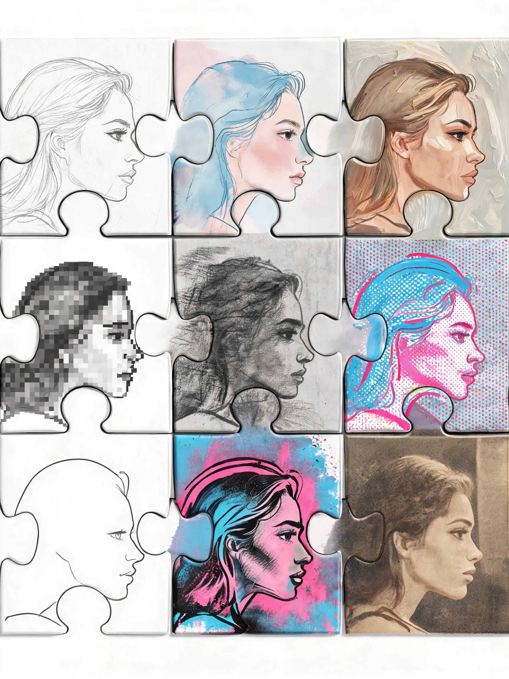 A puzzle made of 9 large pieces forming a woman's face in profile. Each piece has a distinct artistic style: one sketch, one watercolor, one oil painting, one pixel art, one charcoal, one pop art, one minimal line art, one graffiti, one vintage photo. Puzzle gaps visible, creative collage style, white background.