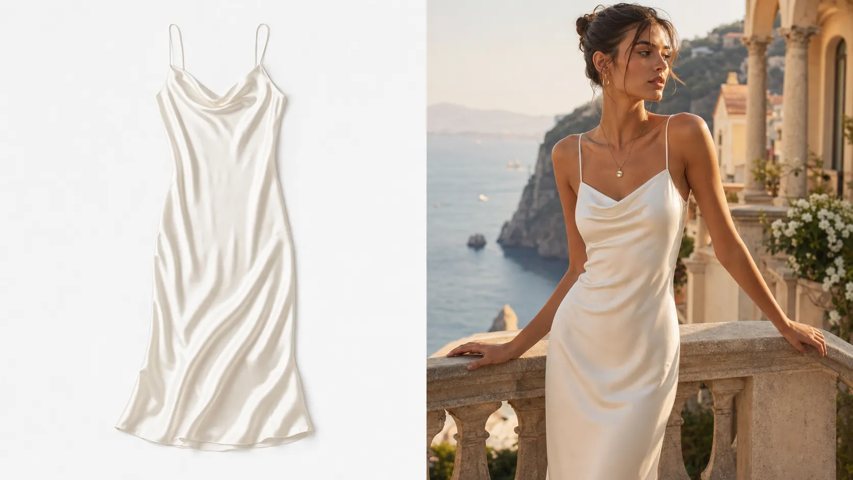 A side-by-side comparison visual on a clean light gray background. Left half: a high-resolution flat-lay photo of an off-white satin silk slip dress on a white background. Right half: a high-fashion editorial photo of a model wearing the exact same off-white satin silk slip dress, standing on a sunny Mediterranean villa balcony during golden hour with ocean view, two-thirds body shot framing, soft ambient lighting, shallow depth of field, Vogue magazine quality --ar 16:9 --v 6.0 Negative Prompt: Code editors, UI boxes, floating text, dark UI panels, full body feet shot, ugly background elements, blurry model, distorted clothing texture, amateur photography.