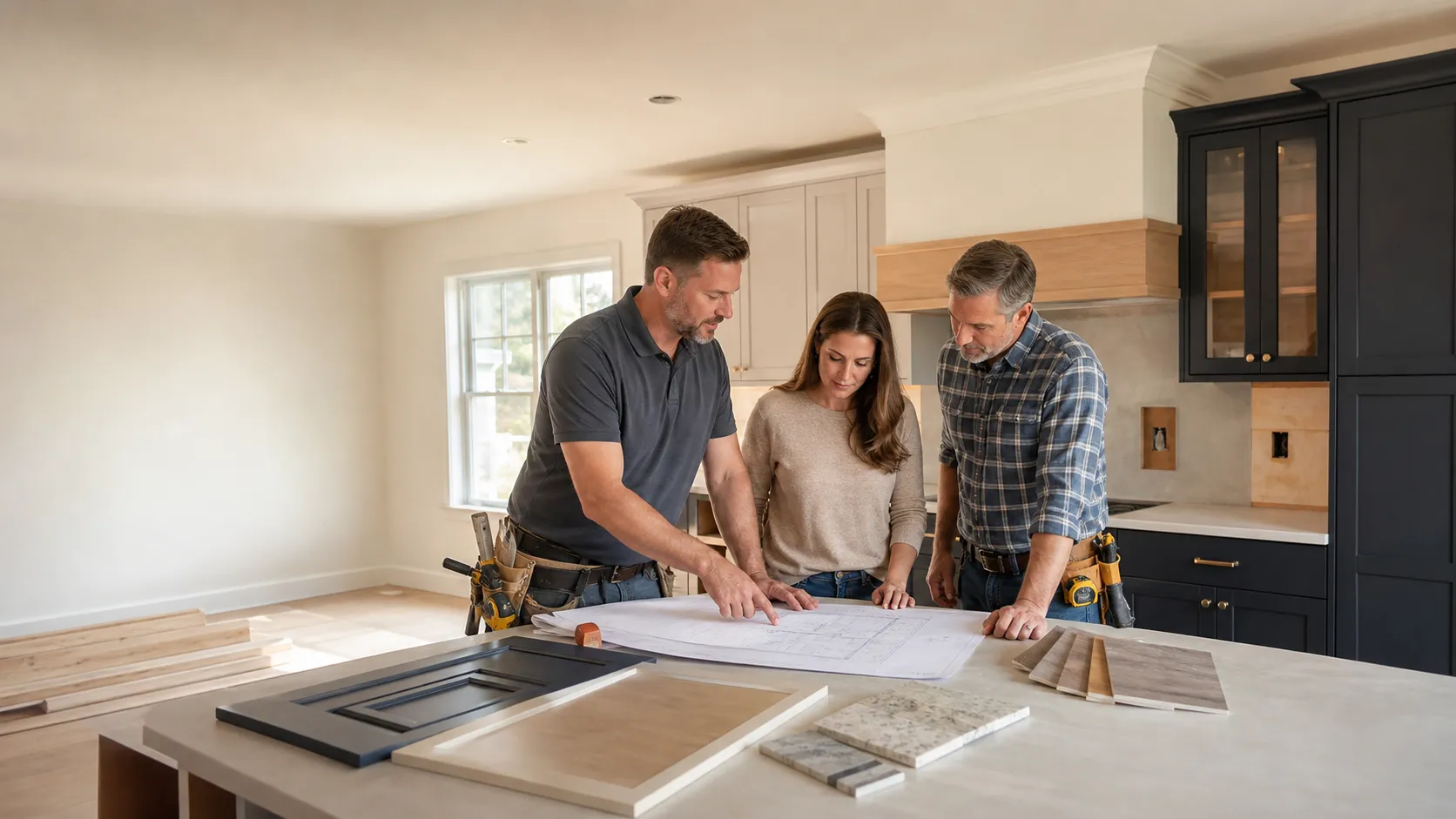 A realistic commercial photo for a home renovation contractor website hero image, two adult contractors reviewing renovation plans with a homeowner inside a bright partially renovated kitchen, clean tools, wood samples, modern cabinets, professional and trustworthy atmosphere, warm natural lighting, realistic American suburban home interior, copy space at the top left for headline text, suitable for remodeling company marketing, no text, no logo, no watermark Negative prompt: unsafe construction site, messy debris, distorted tools, awkward hands, fake stock photo look, blurry, low quality, text, logo, watermark