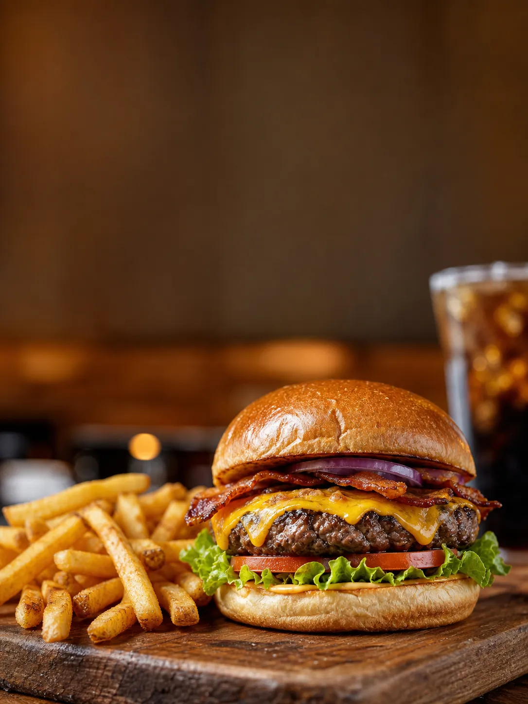 A realistic close-up commercial food photo for a casual American restaurant Instagram promotion, gourmet cheeseburger with crispy fries on a wooden table, cold drink in the background, warm restaurant lighting, appetizing food styling, shallow depth of field, natural realistic texture, copy space near the top for promotional text, suitable for social media ads, no text, no logo, no watermark Negative prompt: plastic-looking food, messy plate, melted unattractive cheese, distorted food, oversaturated colors, blurry, low quality, text, logo, watermark