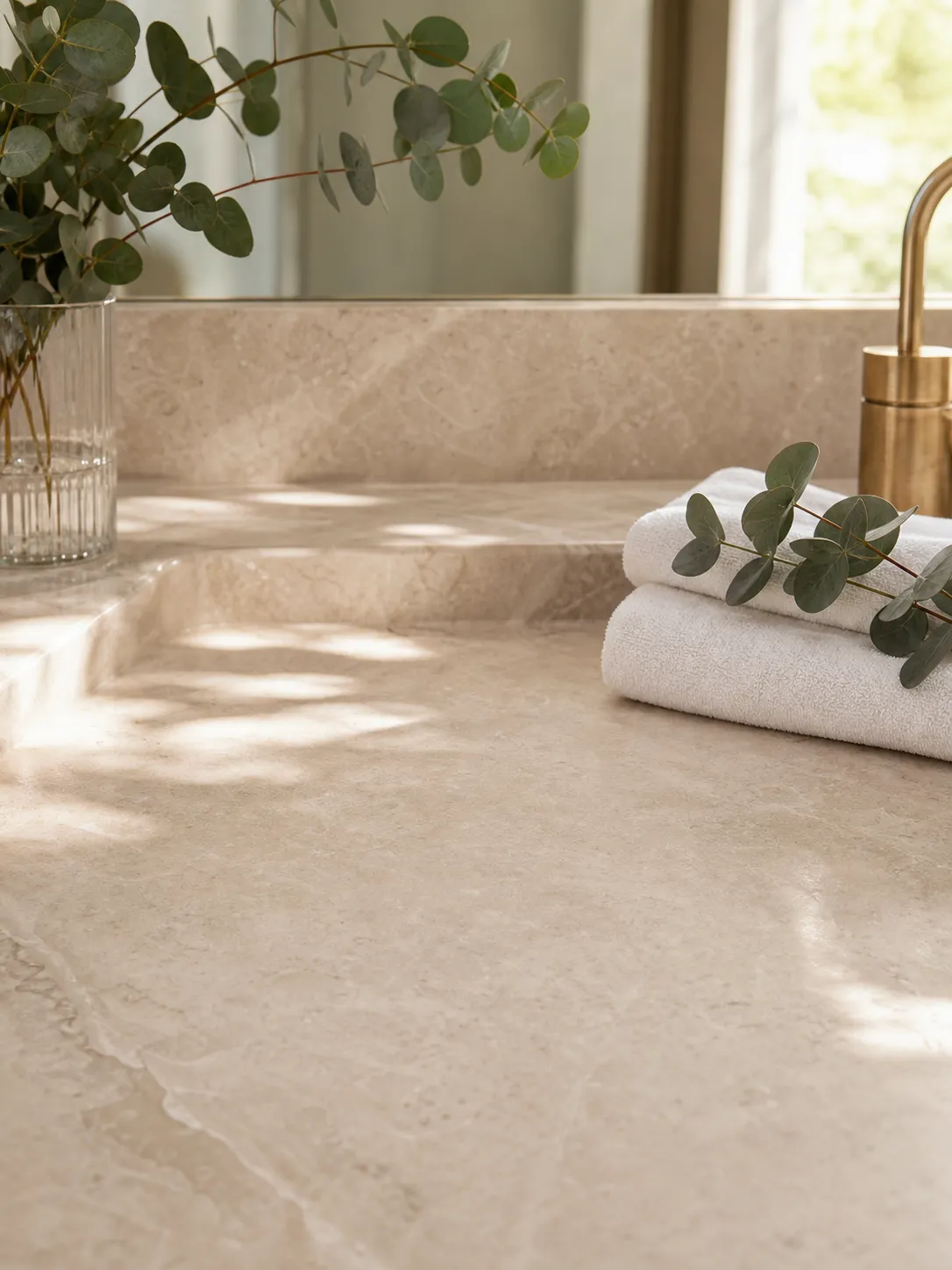 A realistic premium lifestyle photo for a skincare product advertisement, elegant bathroom counter with soft beige stone, white towel, fresh eucalyptus, morning sunlight through a window, clean minimal spa atmosphere, empty center space reserved for placing a product bottle later, high-end beauty brand style, suitable for ecommerce product mockup, Instagram ad, and website banner, no text, no logo, no watermark Negative prompt: cluttered bathroom, cheap plastic look, dirty sink, distorted reflections, harsh shadows, blurry, low quality, text, logo, watermark