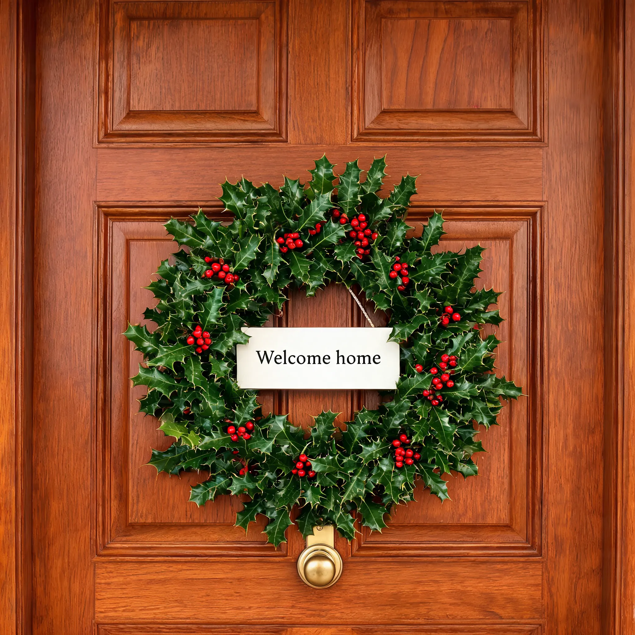 Holly wreath on a door, small sign in the center says Welcome home