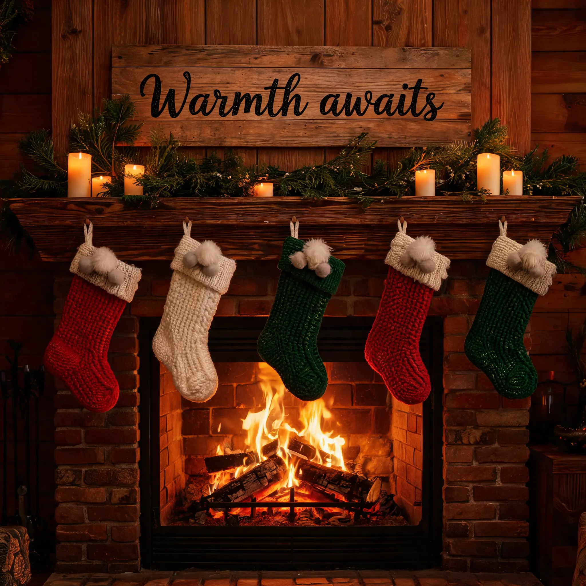 Cozy fireplace with stockings, wooden sign above reads Warmth awaits