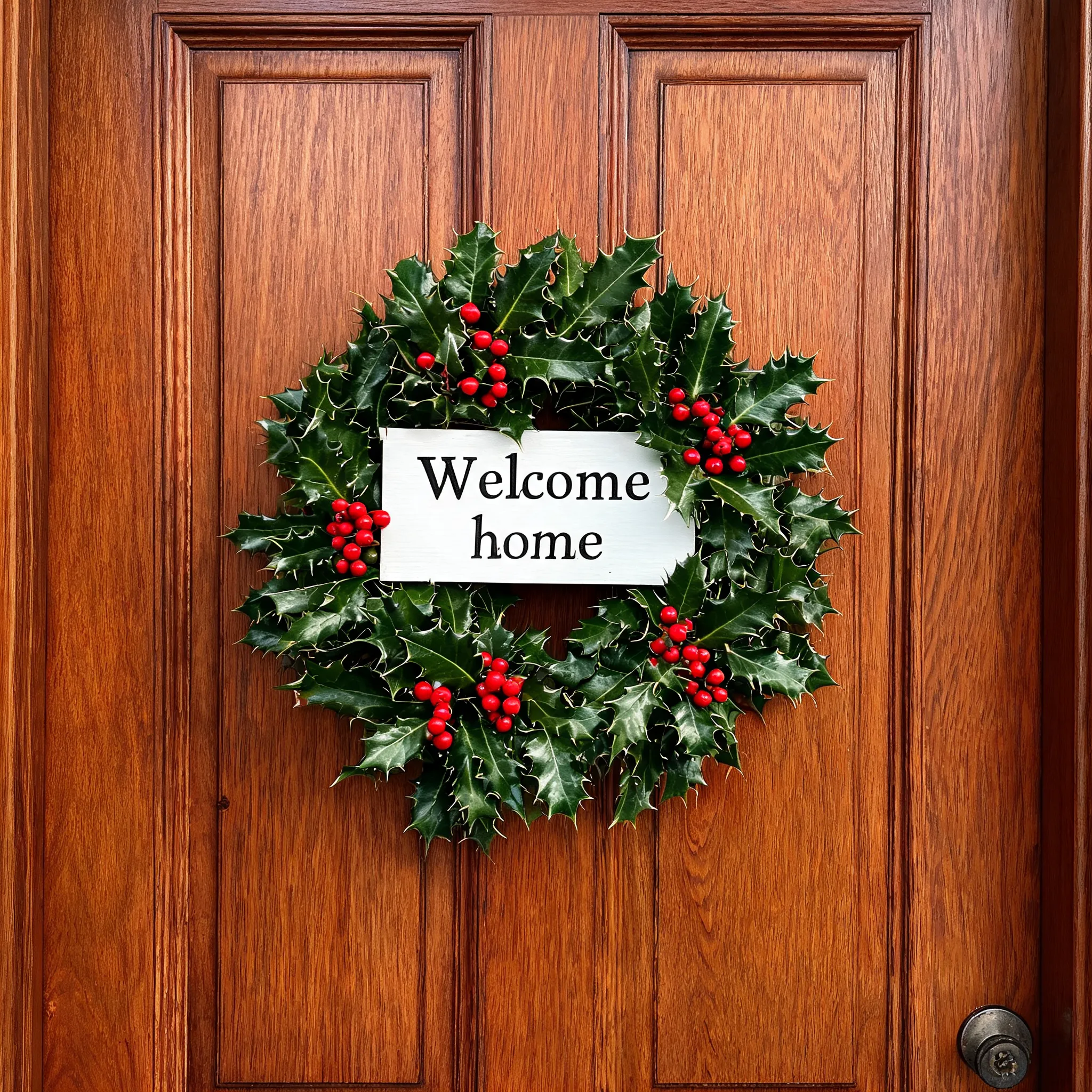 Holly wreath on a door, small sign in the center says Welcome home