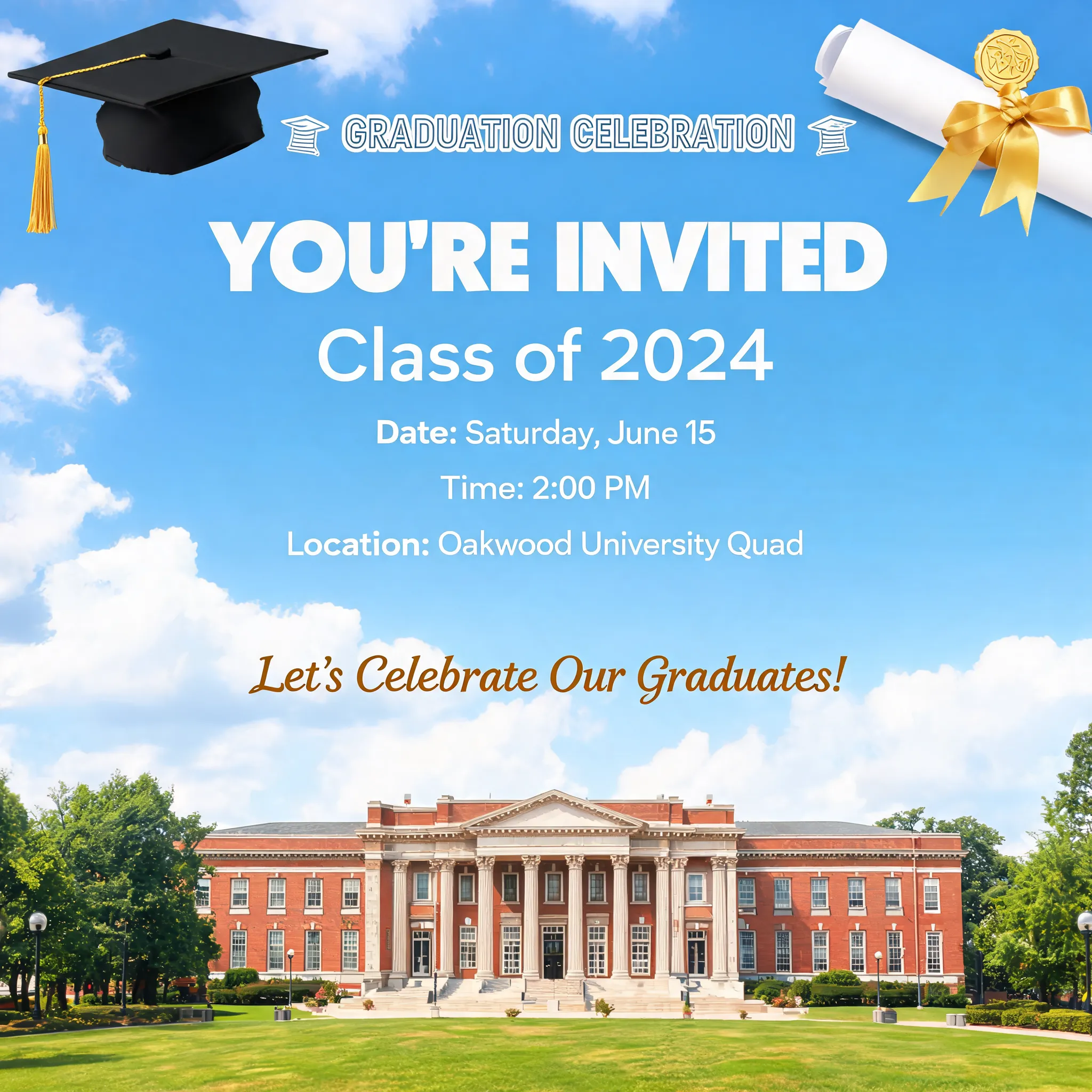 Graduation celebration invitation, mortarboard, diploma, campus background