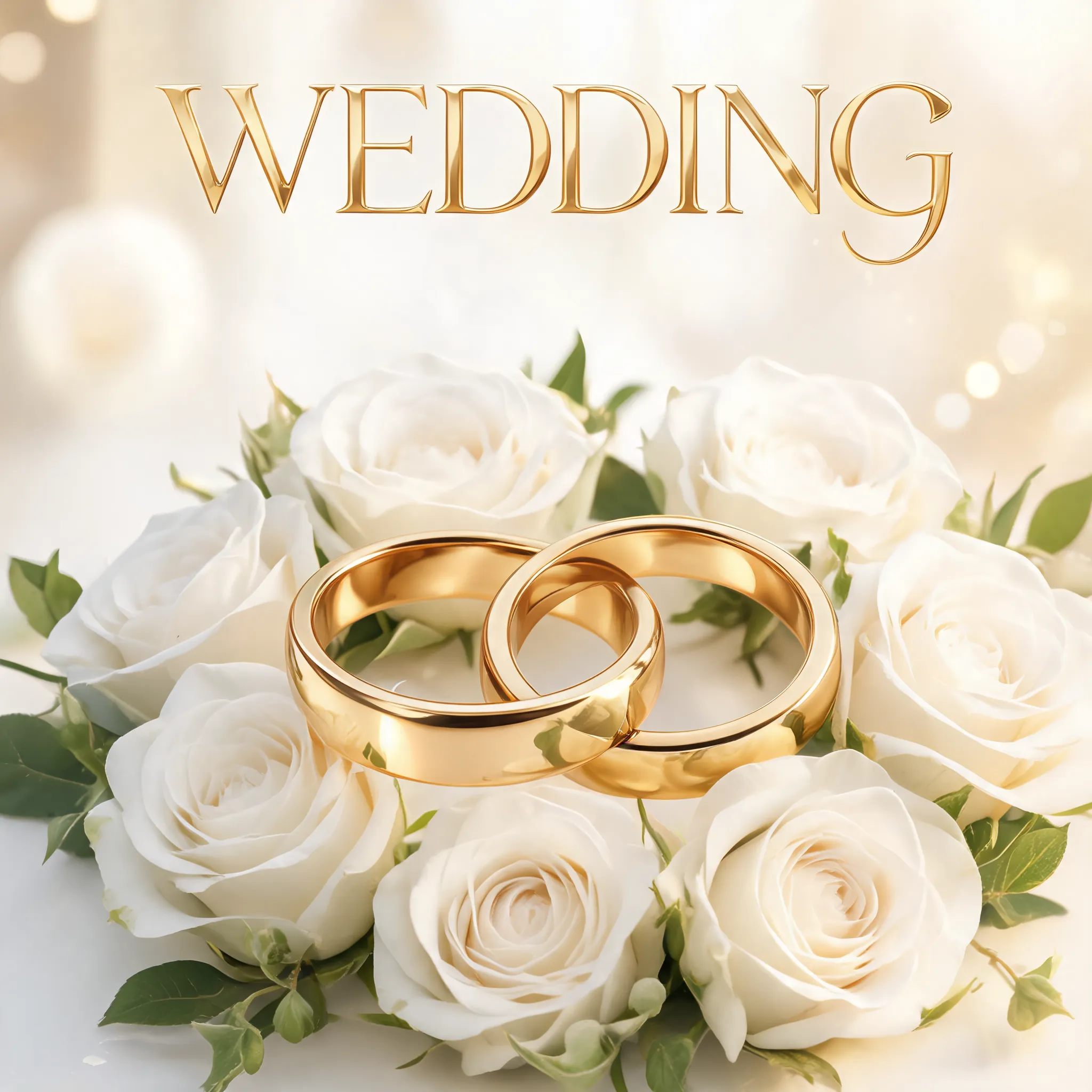 Golden rings and white roses, words Wedding