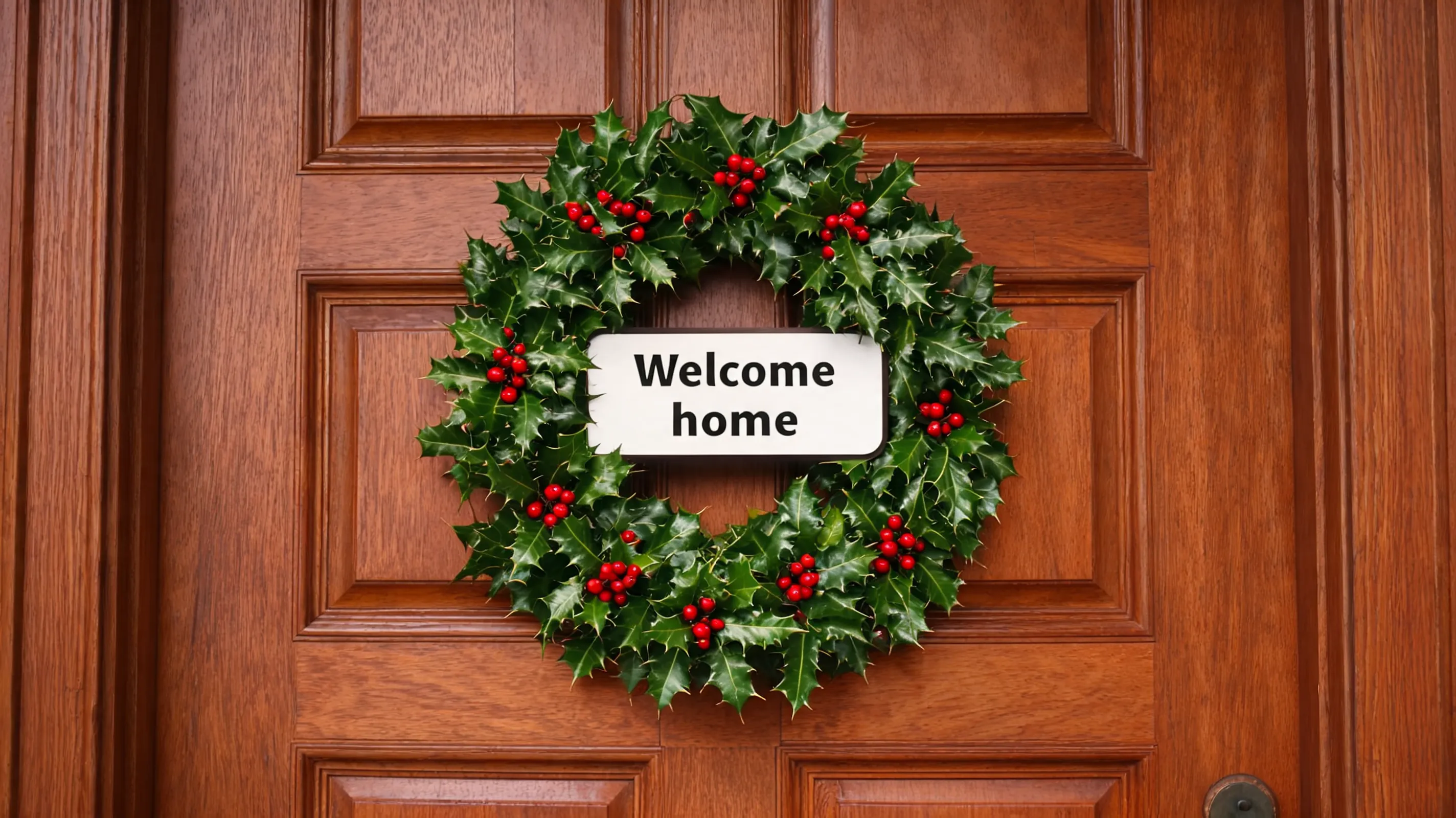 Holly wreath on a door, small sign in the center says Welcome home