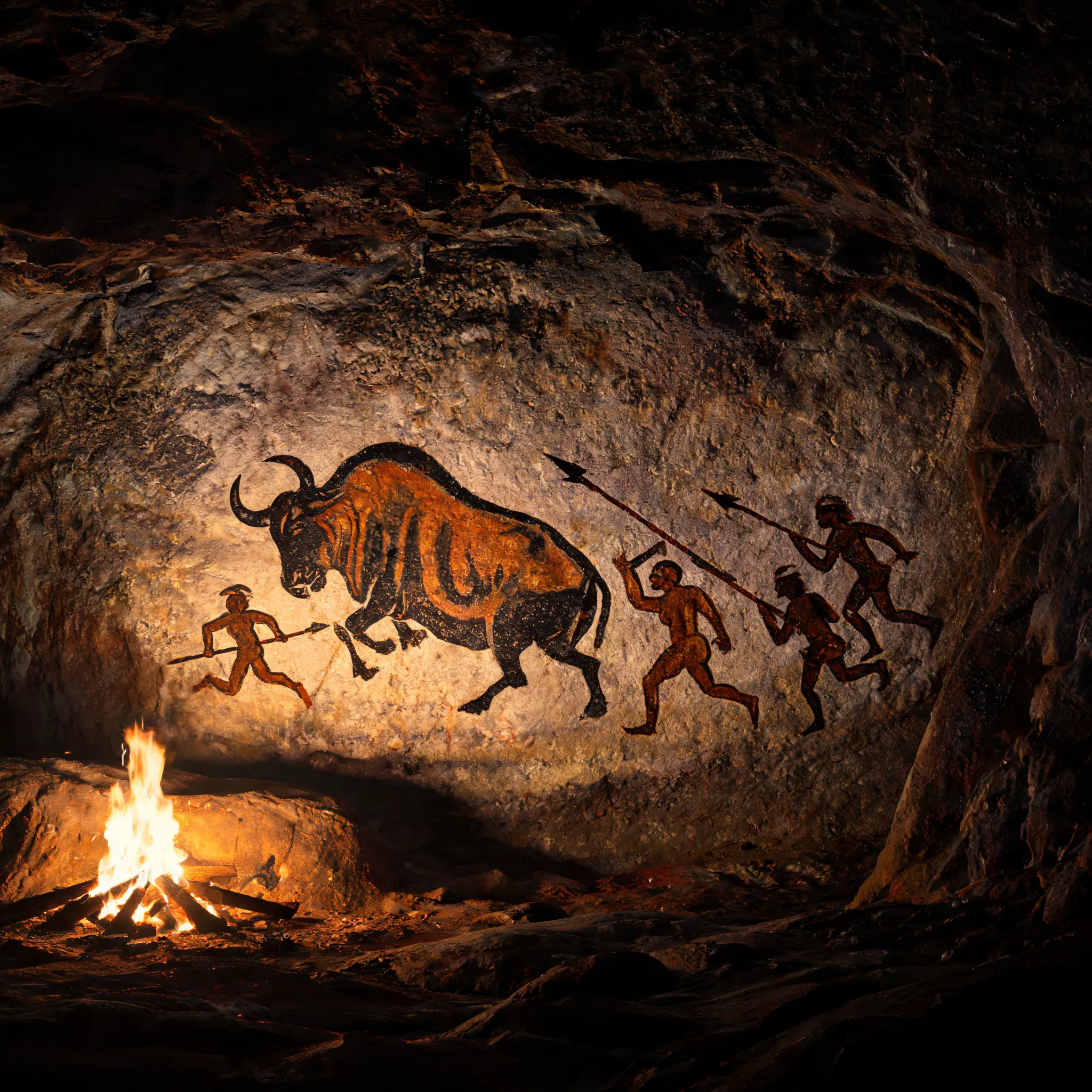 Lascaux cave painting style, thousands of years ago in a large cave, ancient hunters with spears hunting a large bison, primitive figures in motion, drawn with natural pigments of ochre, charcoal, and clay, rough stone wall texture, dramatic firelight casting shadows, prehistoric atmosphere, cinematic lighting, epic storytelling