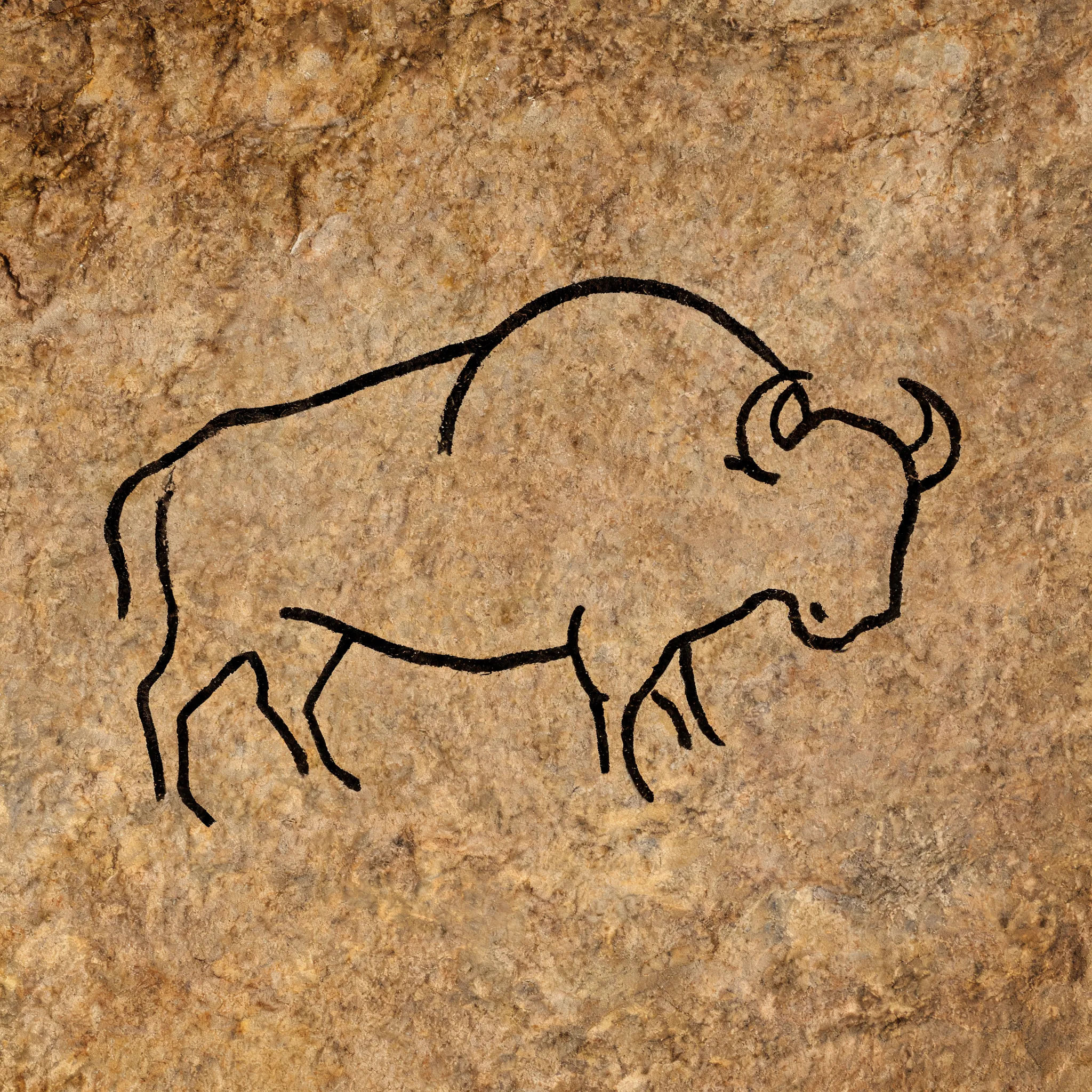 minimalist cave painting style, a powerful bison drawn with only 3 to 6 simple lines, essential spirit and posture, primitive carving on stone, raw and expressive stroke, no details, no shadows, clean background, earthy tones, ancient symbol