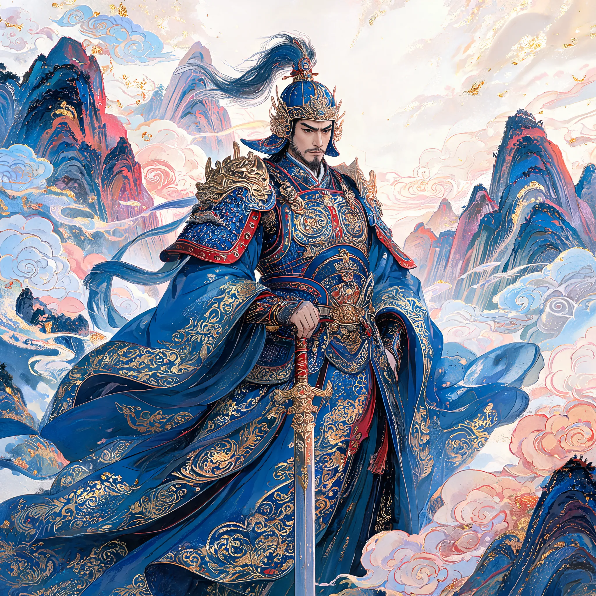 Chinese rock color painting, HIRO style, a majestic traditional warrior in ornate armor, flowing robes with intricate gold patterns, background of a mystical mountain landscape with glowing clouds, rich mineral colors of azurite, cinnabar, and gold leaf, dazzling and vivid, traditional Chinese art style, masterpiece