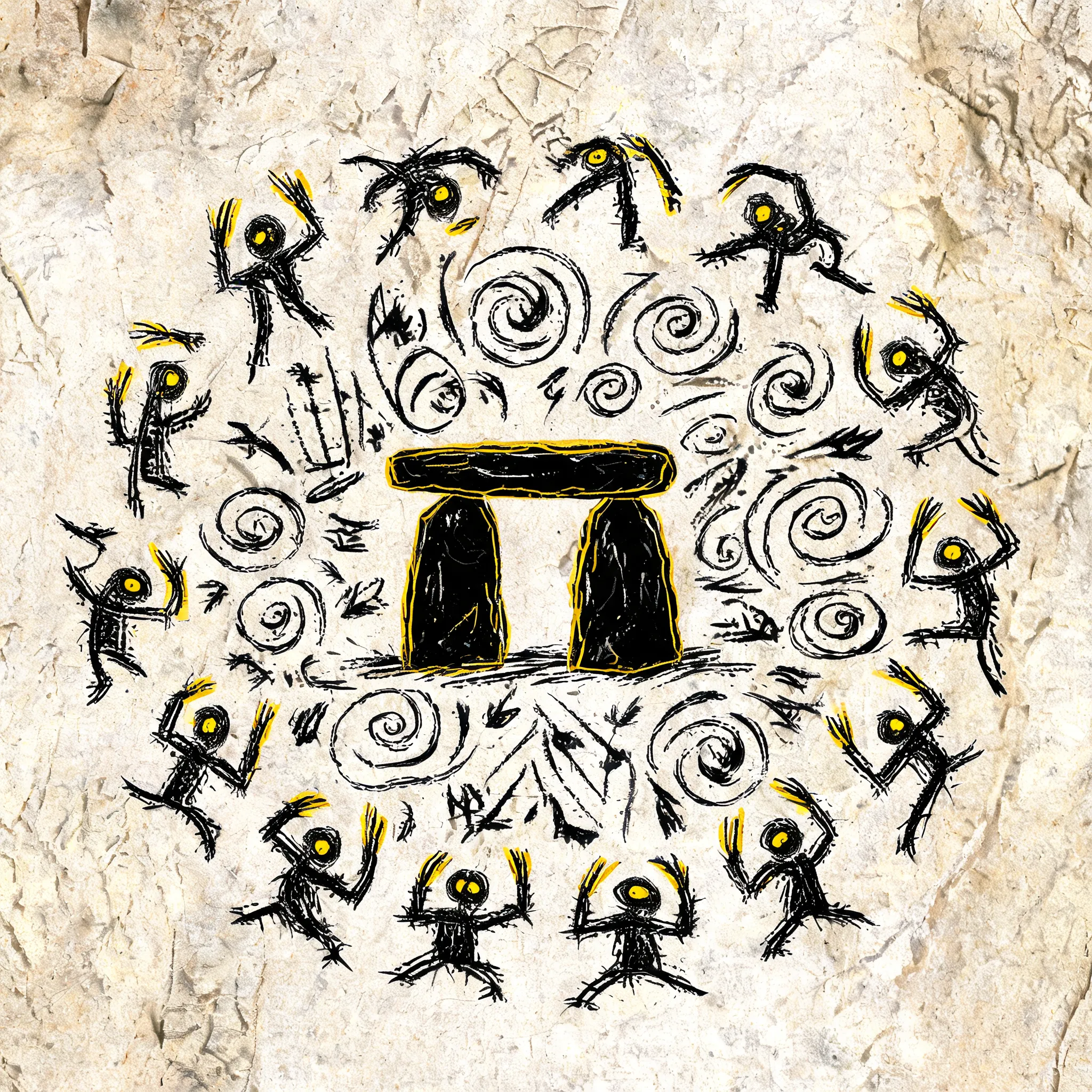 primitive cave painting style with jagged chaotic brushstrokes, abstract humanoid forms radiating fear, a crude dolmen at the center surrounded by radiating geometric swirl patterns, monochrome palette with stark black and white contrasts, strategic bold yellow accents, evokes primal unease and raw storytelling, circular composition