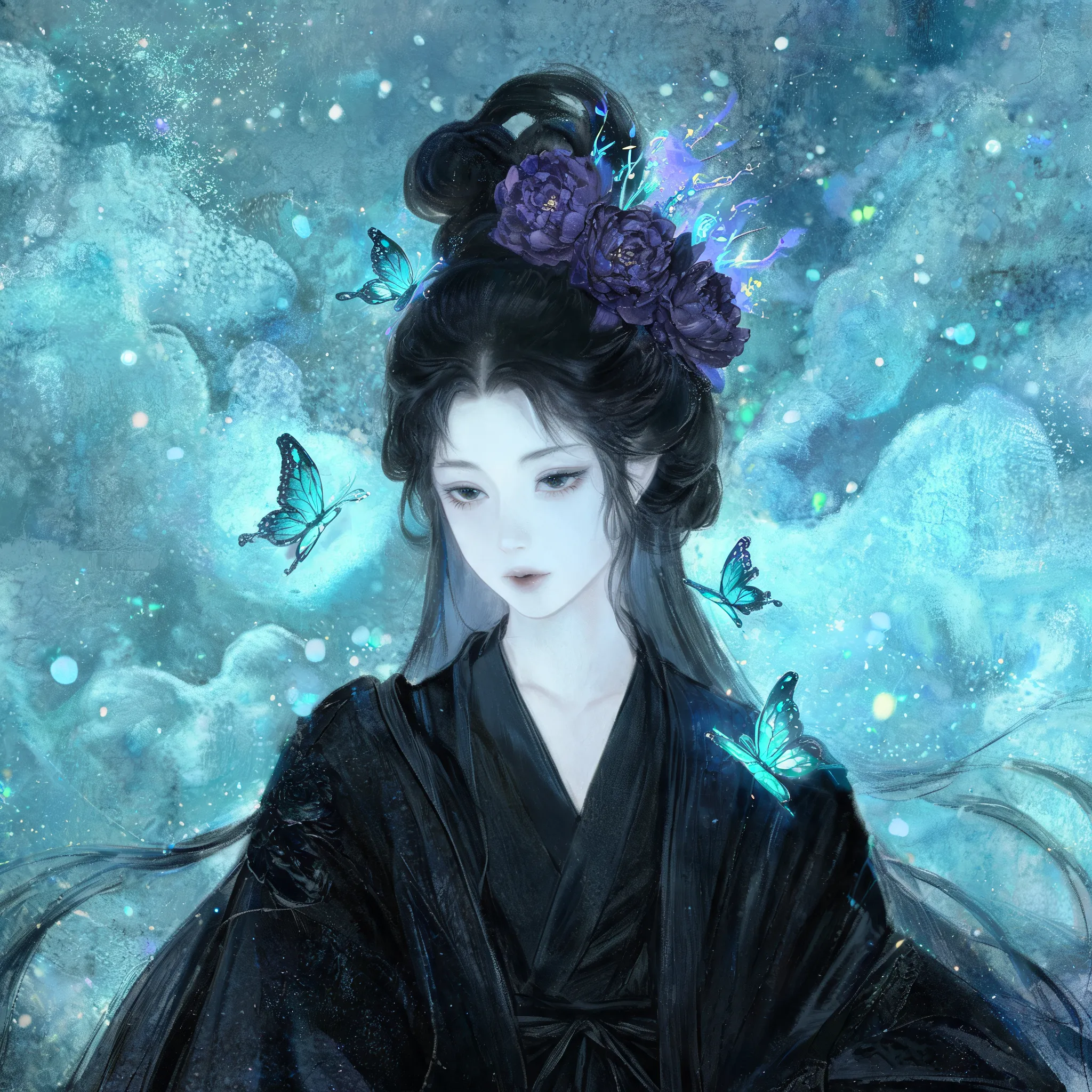 Chinese eerie rock board painting illustration, a cold ancient-style woman in black traditional attire with a high complex hairstyle, adorned with dark purple peonies and fluorescent decorations, dreamy blue-green background with ethereal clouds and twinkling light spots, mysterious and ethereal atmosphere, rock color painting, fantasy elements, glowing butterflies