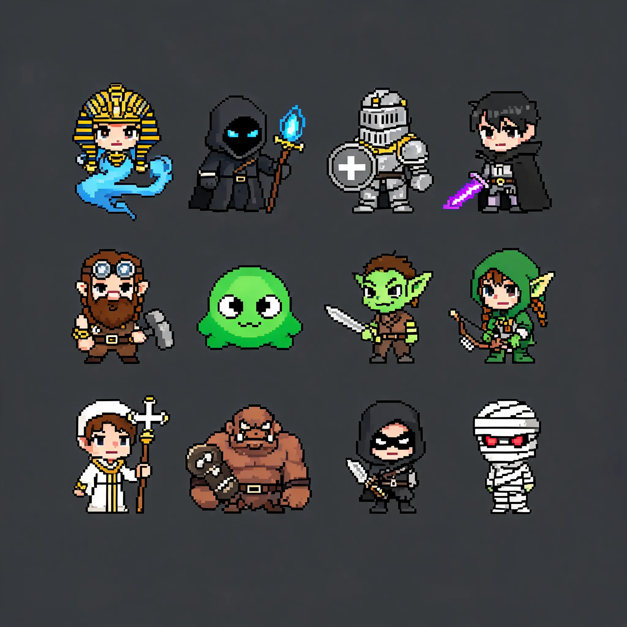 A neatly arranged fantasy RPG mini-character pixel art icon sprite sheet, with all characters evenly distributed as individual small icons across the same frame, featuring Egyptian djinn, a hooded mage, a knight, a magic swordsman, a dwarf artisan, monsters, and various other roles. Each character adopts an adorable chibi/Q‑style design with exaggerated head‑to‑body proportions, expressive faces, clear silhouettes, and crisp pixel edges. The overall style is flat 2D game art, with bright and vivid colors that fit mobile game UI aesthetics—rich in detail while maintaining icon readability. Costumes, weapons, and props are distinctive and easily recognizable, with a slight painterly feel and refined pixel texture. The background is a solid dark gray, with no complex scene distractions. The overall composition looks like a character compendium / sprite sheet—neat, uniform, and professional, high‑definition, exquisite, and suitable for game asset presentation.