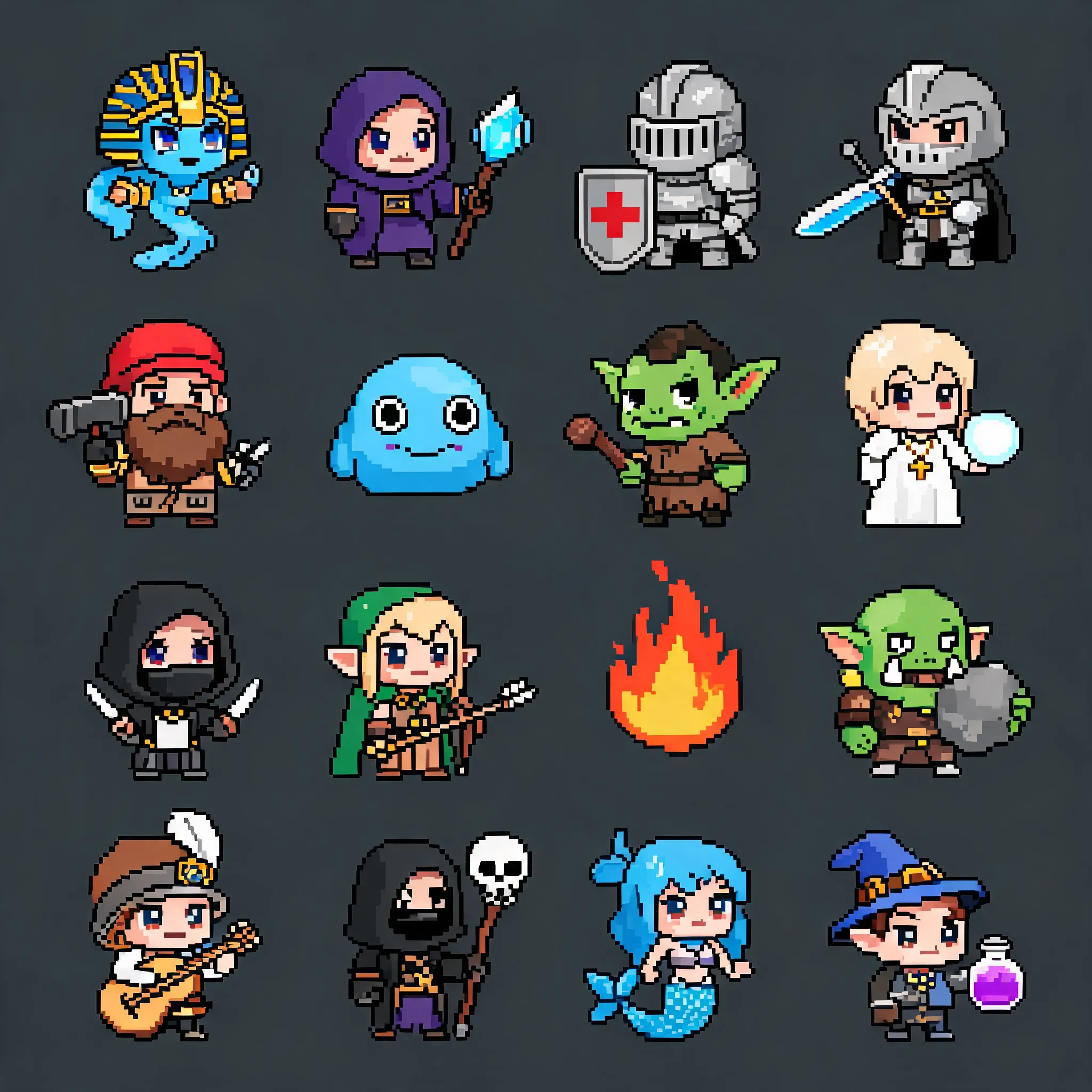 A neatly arranged fantasy RPG mini-character pixel art icon sprite sheet, with all characters evenly distributed as individual small icons across the same frame, featuring Egyptian djinn, a hooded mage, a knight, a magic swordsman, a dwarf artisan, monsters, and various other roles. Each character adopts an adorable chibi/Q‑style design with exaggerated head‑to‑body proportions, expressive faces, clear silhouettes, and crisp pixel edges. The overall style is flat 2D game art, with bright and vivid colors that fit mobile game UI aesthetics—rich in detail while maintaining icon readability. Costumes, weapons, and props are distinctive and easily recognizable, with a slight painterly feel and refined pixel texture. The background is a solid dark gray, with no complex scene distractions. The overall composition looks like a character compendium / sprite sheet—neat, uniform, and professional, high‑definition, exquisite, and suitable for game asset presentation.