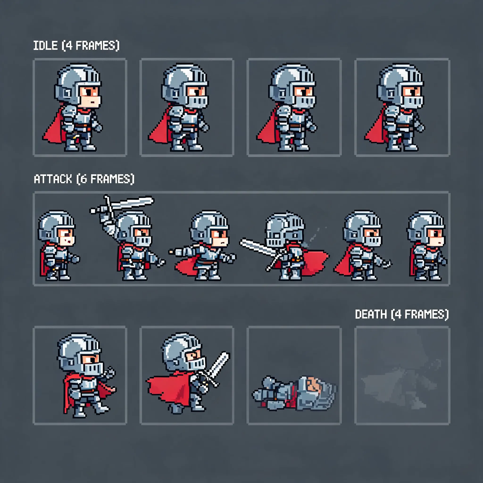 A neatly arranged fantasy RPG pixel art sprite sheet of a knight's sequence animations, side view, featuring three sets of continuous actions arranged horizontally: idle pose (4 frames, subtle breathing motion), attack pose (6 frames, sword slash), and death pose (4 frames, falling backward and fading away). Each action frame is an individual small icon evenly distributed across the same frame. The knight features an adorable chibi/Q-style design with exaggerated head-to-body proportions, wearing silver-blue plate armor, wielding a broadsword, and sporting a red cape, with expressive expressions, clear silhouettes, and crisp pixel edges. The overall style is flat 2D game art with bright and vivid colors that fit mobile game UI aesthetics—rich in detail while maintaining icon readability, with a slight painterly feel and refined pixel texture. The background is a solid dark gray, with no complex scene distractions. The overall composition looks like an action sprite sheet / animation atlas—neat, uniform, and professional, high-definition, exquisite, and suitable for game asset presentation.