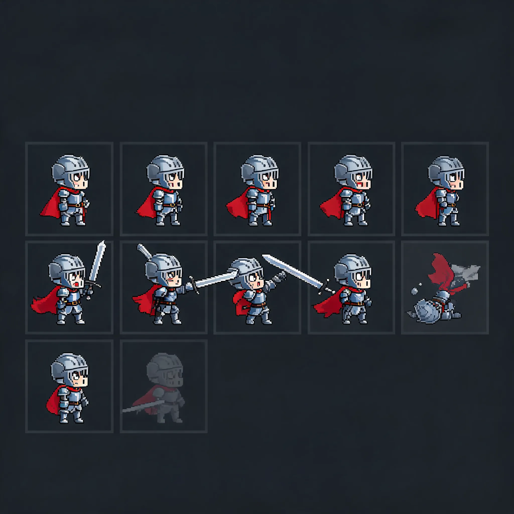 A neatly arranged fantasy RPG pixel art sprite sheet of a knight's sequence animations, side view, featuring three sets of continuous actions arranged horizontally: idle pose (4 frames, subtle breathing motion), attack pose (6 frames, sword slash), and death pose (4 frames, falling backward and fading away). Strict layout constraints for engine slicing: All animation frames must be identical squares of the exact same size, with evenly fixed pixel gaps between frames, arranged in a strict horizontal grid pattern with perfectly aligned positions, allowing the game engine to slice evenly by a fixed grid. Each frame has clear, independent boundaries with no overlap, and no decorative borders or dividing lines. The knight features an adorable chibi/Q-style design with exaggerated head-to-body proportions, wearing silver-blue plate armor, wielding a broadsword, and sporting a red cape, with expressive expressions, clear silhouettes, and crisp pixel edges. The overall style is flat 2D game art with bright and vivid colors that fit mobile game UI aesthetics—rich in detail while maintaining icon readability, with a slight painterly feel and refined pixel texture. The background is a solid dark gray, with no complex scene distractions. The overall composition looks like an action sprite sheet / animation atlas—neat, uniform, and professional, high-definition, exquisite, and suitable for game asset presentation.