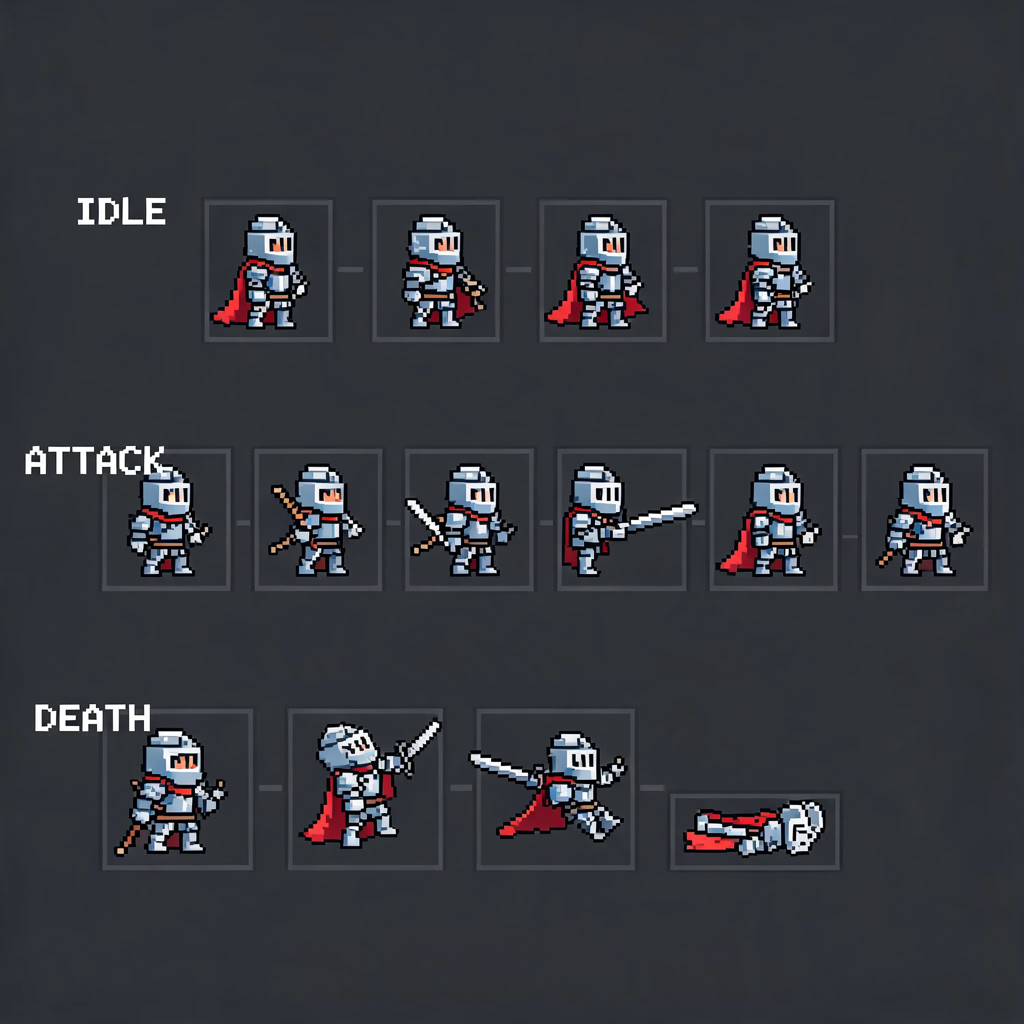 A neatly arranged fantasy RPG pixel art sprite sheet of a knight's side-view sequence animations, three action sets each on its own full row: Row 1 idle (4 frames, breathing), labeled "IDLE"; Row 2 attack (6 frames, sword slash), labeled "ATTACK"; Row 3 death (4 frames, falling backward), labeled "DEATH". All frames must be identical squares with fixed pixel gaps between frames and rows, strict grid alignment, clear non-overlapping boundaries, no decorative borders or dividers. Labels use pixel-style font at row start, not interfering with slicing. Strict pixel art: visible pixel blocks, jagged stepped edges, no anti-aliasing, dithering color transitions, sharp hard edges, no painterly or blurry effects. Knight is chibi/Q-style, exaggerated proportions, silver-blue plate armor, broadsword, red cape, expressive. Bright vivid colors, mobile game UI aesthetics, rich detail yet readable. Solid dark gray background, no distractions. Neat uniform professional composition, high-definition, suitable for game assets.