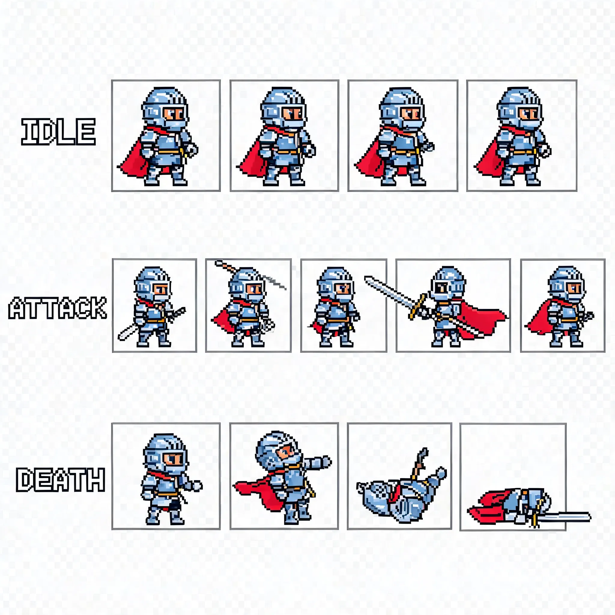 A fantasy RPG pixel art sprite sheet of a knight's side-view sequence animations, three action sets each on its own full row: Row 1 idle (4 frames, breathing), labeled "IDLE"; Row 2 attack (6 frames, sword slash), labeled "ATTACK"; Row 3 death (4 frames, falling backward), labeled "DEATH". All frames must be identical squares with fixed pixel gaps between frames and rows, strict grid alignment, clear non-overlapping boundaries, no decorative borders, dividers, or any bottom frame lines. Labels use pixel-style font at row start, not interfering with slicing. Transparent background, no solid color backdrop. Strict pixel art: visible pixel blocks, jagged stepped edges, no anti-aliasing, dithering color transitions, sharp hard edges, no painterly or blurry effects. Knight is chibi/Q-style, exaggerated proportions, silver-blue plate armor, broadsword, red cape, expressive. Bright vivid colors, mobile game UI aesthetics, rich detail yet readable. Neat uniform professional composition, high-definition, suitable for game assets.