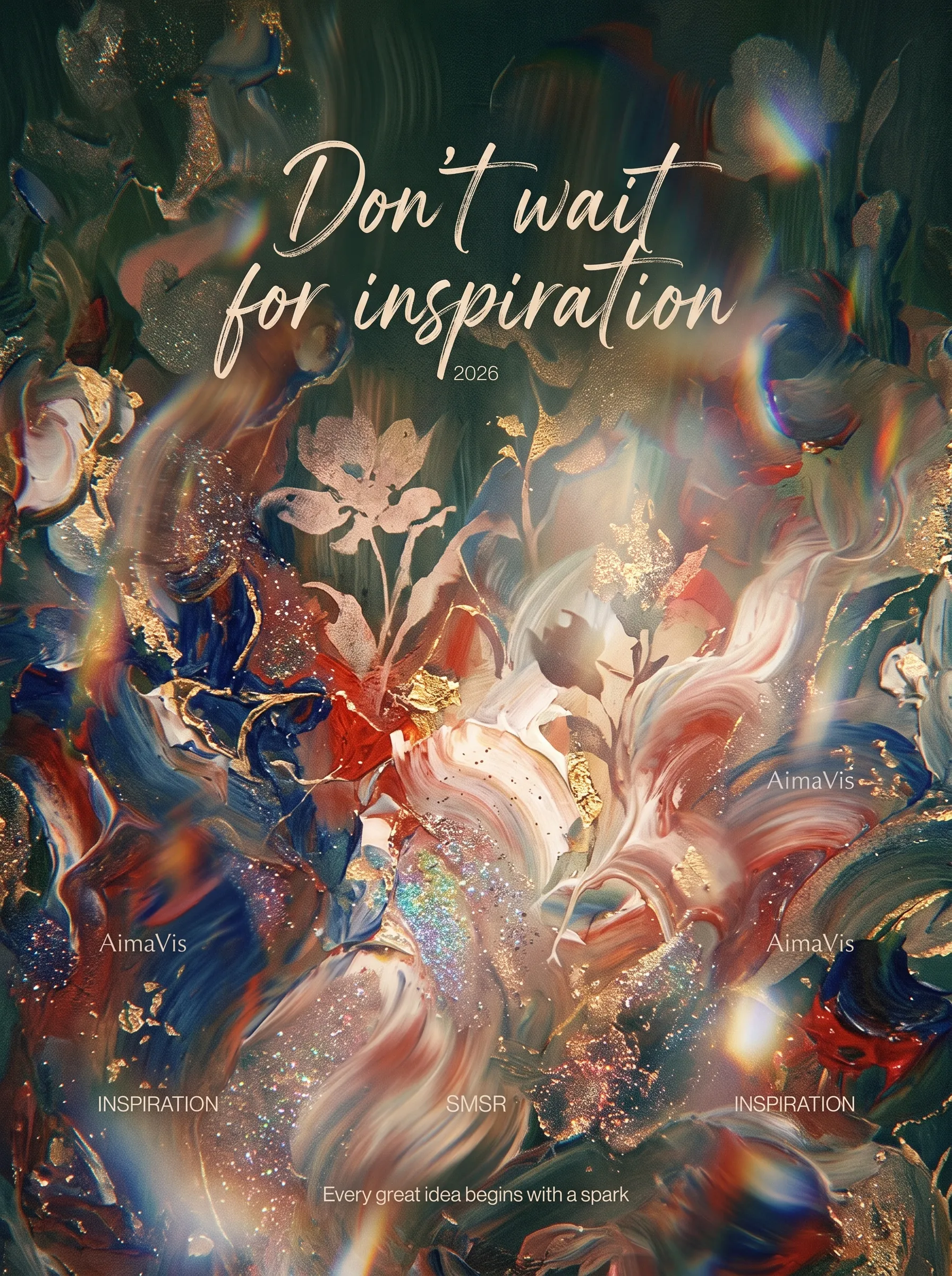 Monet style, Van Gogh artwork, Rembrandt painting, gold leaf mineral color painting, perfect fusion of photographic techniques, oil painting techniques and 3D techniques, premium artistic poster with green and white atmospheric tone. Minimalism, abstract expression, modern design, high-end texture, soft color gradients. Warm color palette dominated by varying shades of blue, red and white, hazy texture of blue, red and white, faintly visible flower silhouettes. Motion blur, rich saturated colors, hazy aesthetics. The overall style is elegant and literary with fragrance ambience, highlighting poetic charm. Fine glitter, delicate brushstrokes, maximalism, abundant intricate details, maximalist aesthetic, Octane render, 64K ultra HD resolution. Flowing handwritten brush calligraphy text: "Don’t wait for inspiration" (slender strokes, brush stroke dragging texture, flexible curves, textured appearance). Tiny decorative small text, ultra-thin sans-serif font "2026". White ultra-thin sans-serif watermark texts: "AimaVis", "INSPIRATION", "SMSR", "Every great idea begins with a spark". Texture, textured surface, dreamy, chromatic aberration flare, reflections, artistic abstraction, poetic, sophisticated, masterpiece, strong visual impact, award-winning artwork, master-level color grading, master-level layout, high detail, premium texture, ultra-high definition, harmonious composition. Dark background based on sharpened edges, intimate whispered connection, exquisite presentation of textured surface reflections shifting with undulations, building an overall atmosphere of positive emotions and sweet fantasy contrast, surreal dreamlike narrative tension, aesthetic art, flowing radiant light.