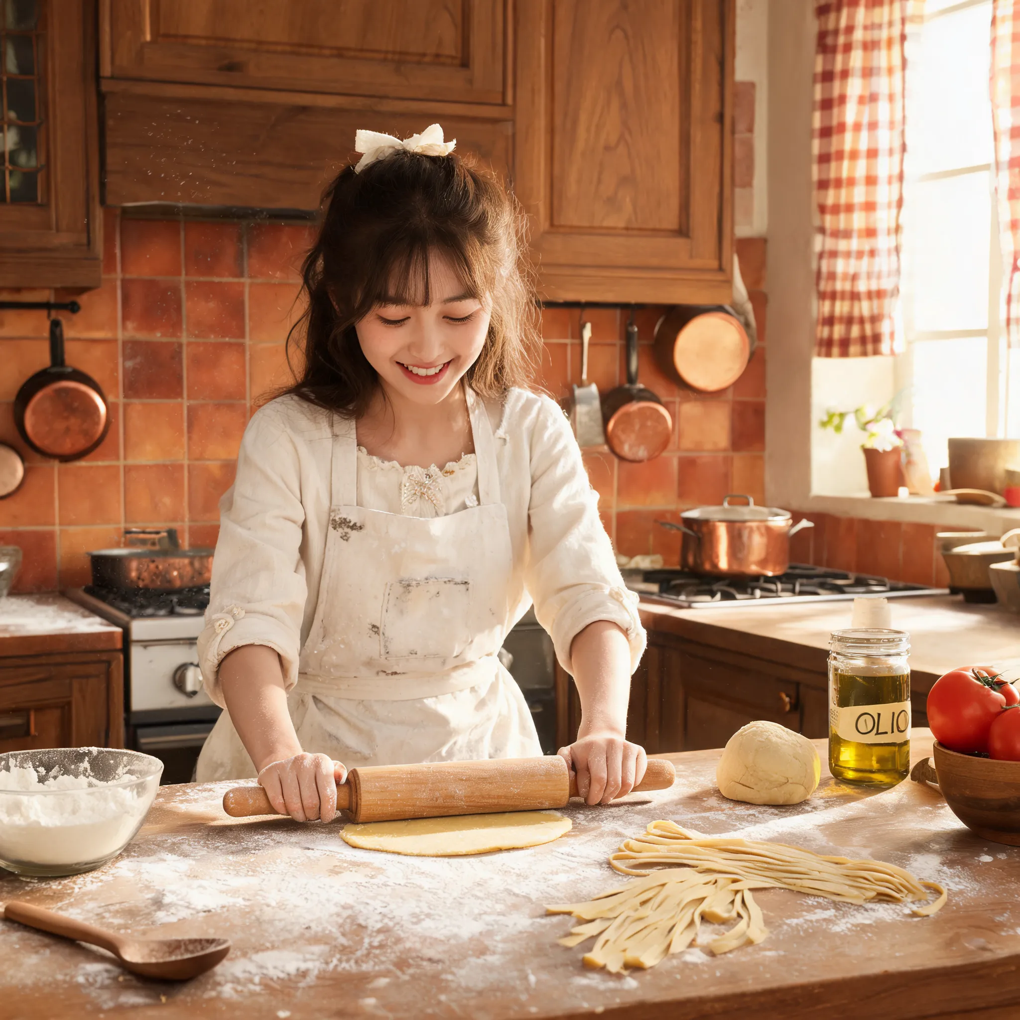 A girl making pasta in a similarly styled kitchen