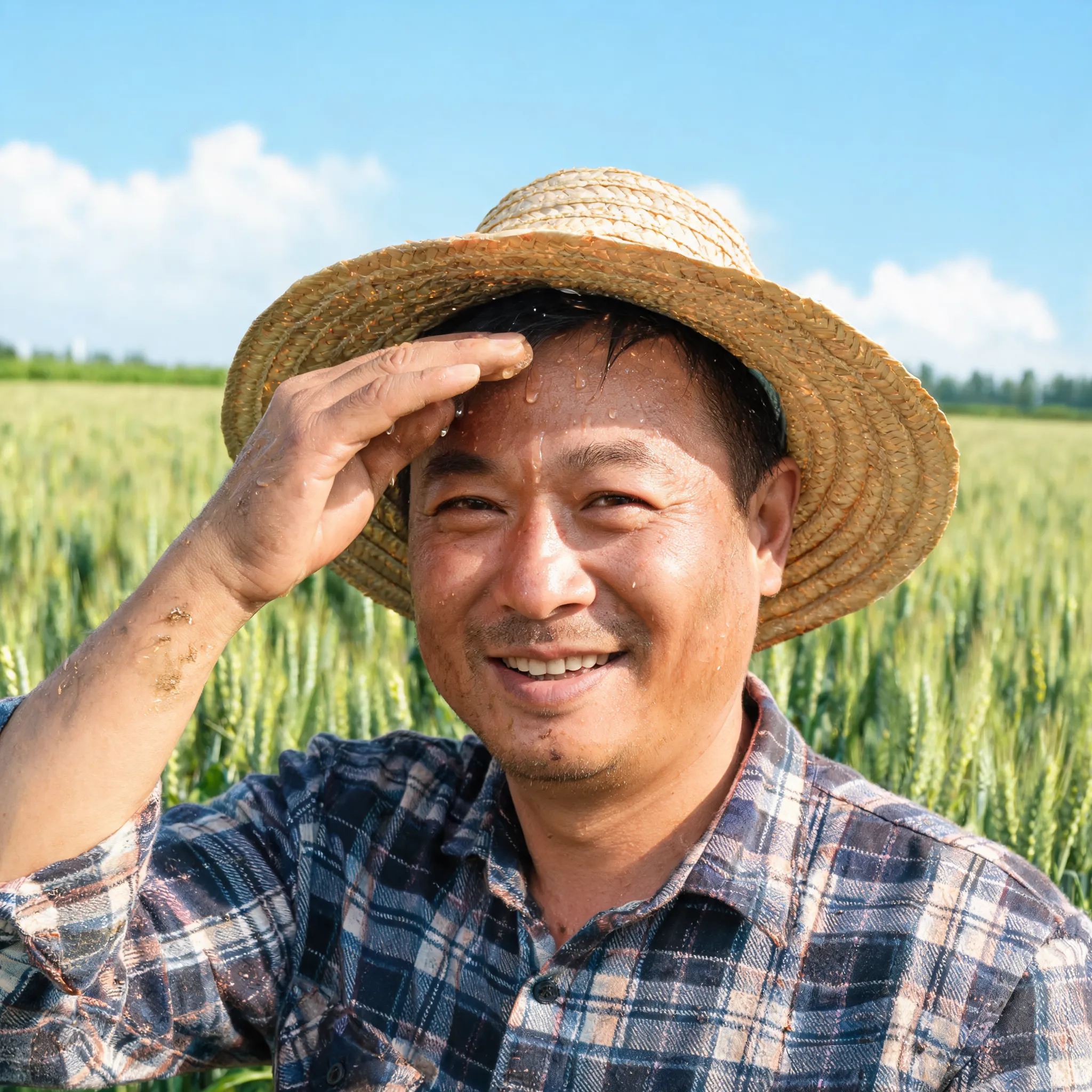 A farmer wiping sweat from their brow, their face showing satisfaction after hard work in the fields