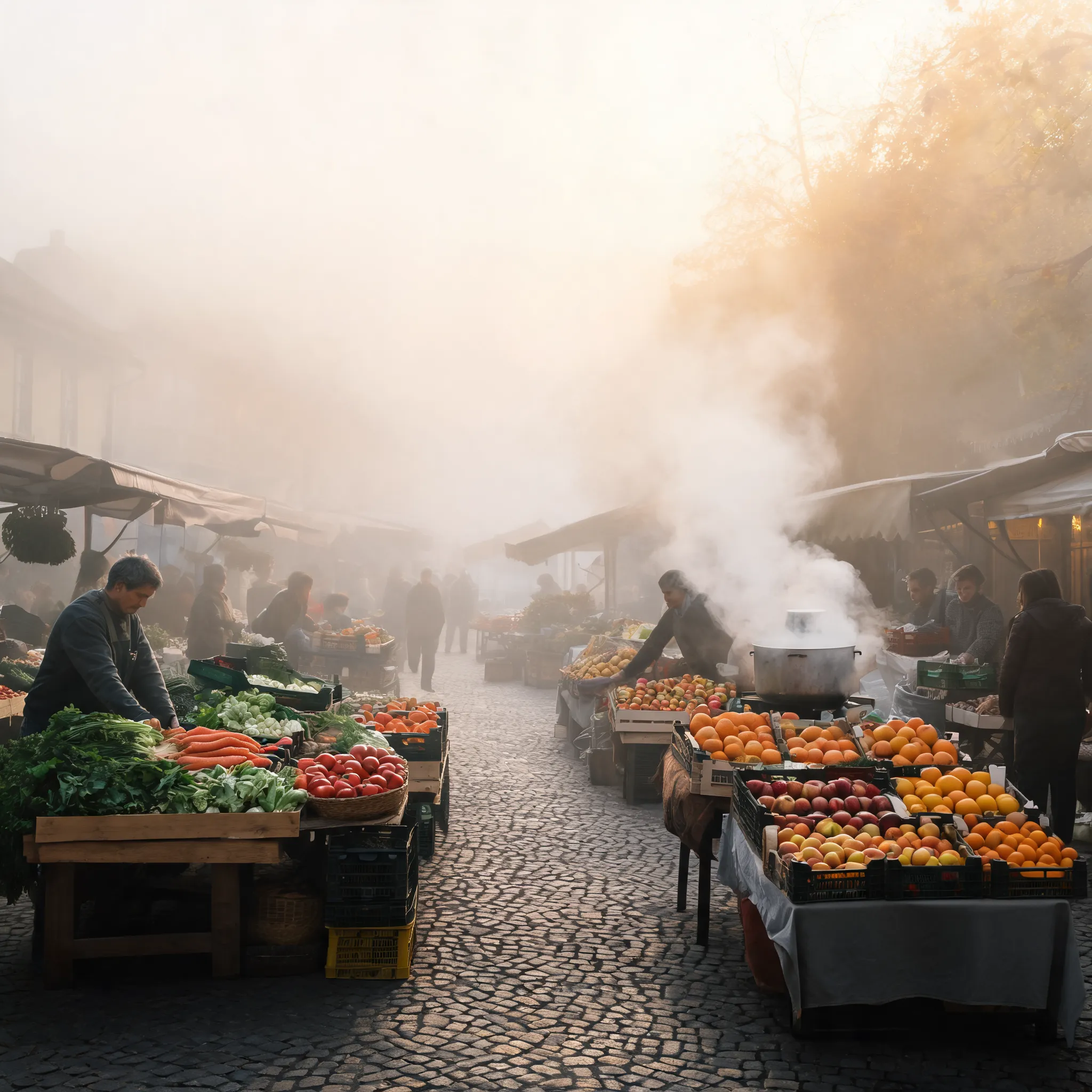 Farmers' market in morning mist, vendors setting up stalls, fresh produce neatly arranged, rising steam and growing bustle filling the streets
