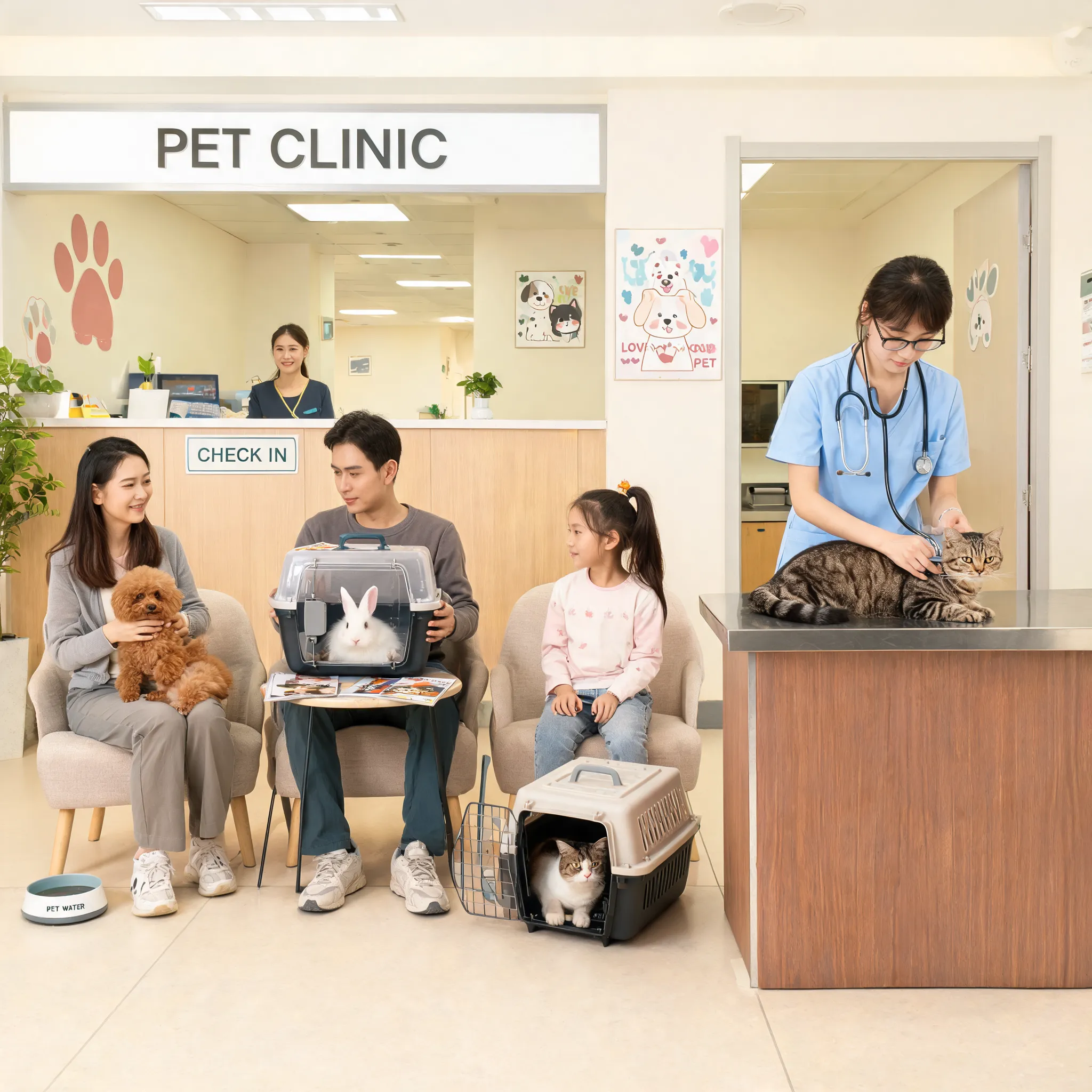 The waiting room of a pet clinic with owners and various pets waiting, a vet examining a cat