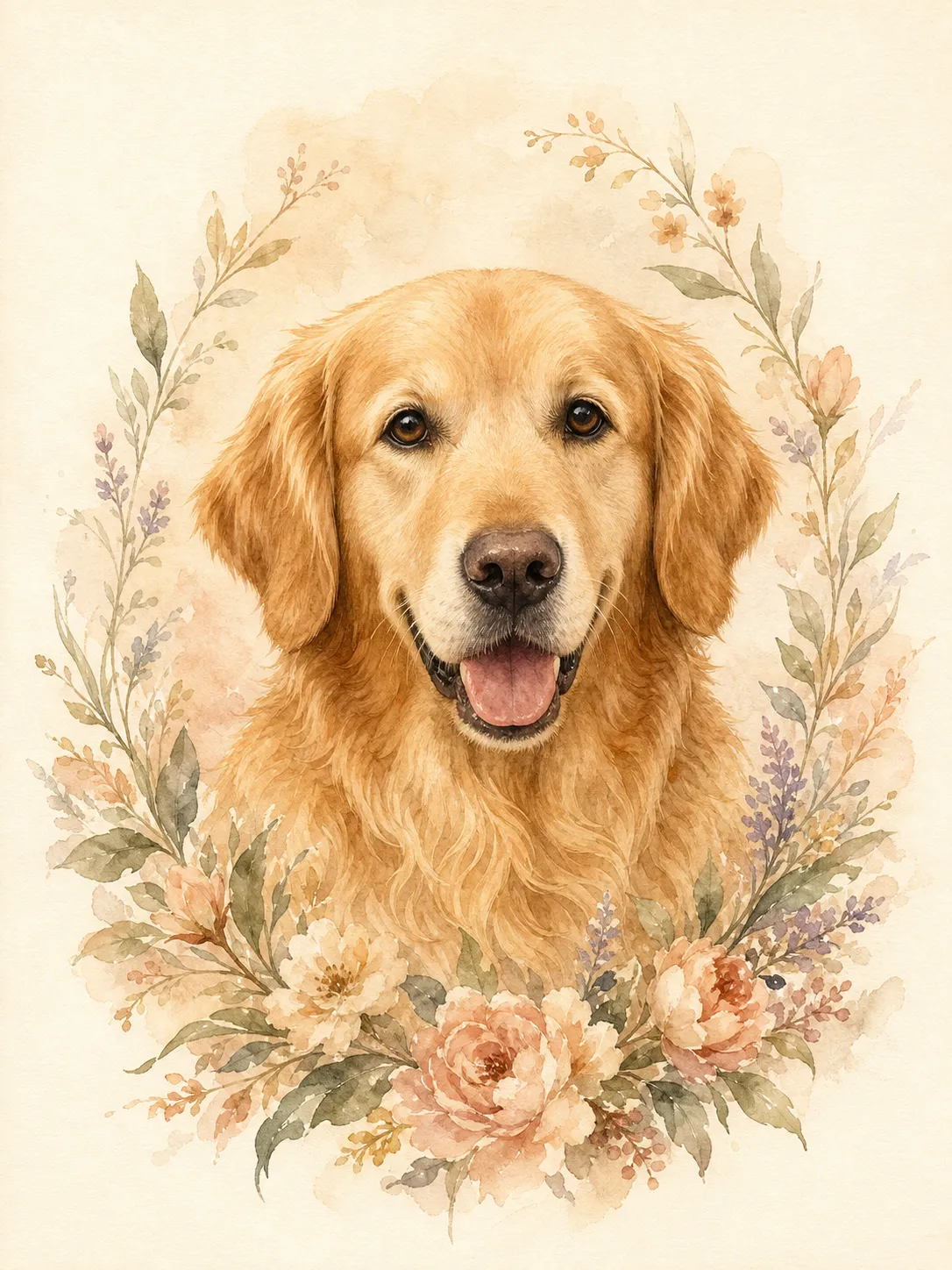 A heartfelt custom pet memorial portrait of a golden retriever, soft watercolor illustration style, gentle warm light, peaceful expression, subtle floral wreath around the pet, cream paper texture background, elegant and emotional but not sad, suitable for pet remembrance wall art, sympathy gift, printable portrait, no text, no logo, no watermark Negative prompt: photorealistic, harsh shadows, dark grief scene, crying owner, cemetery, angel wings, halo, cheesy design, distorted face, extra limbs, blurry, low quality, text, logo, watermark --ar 3:4