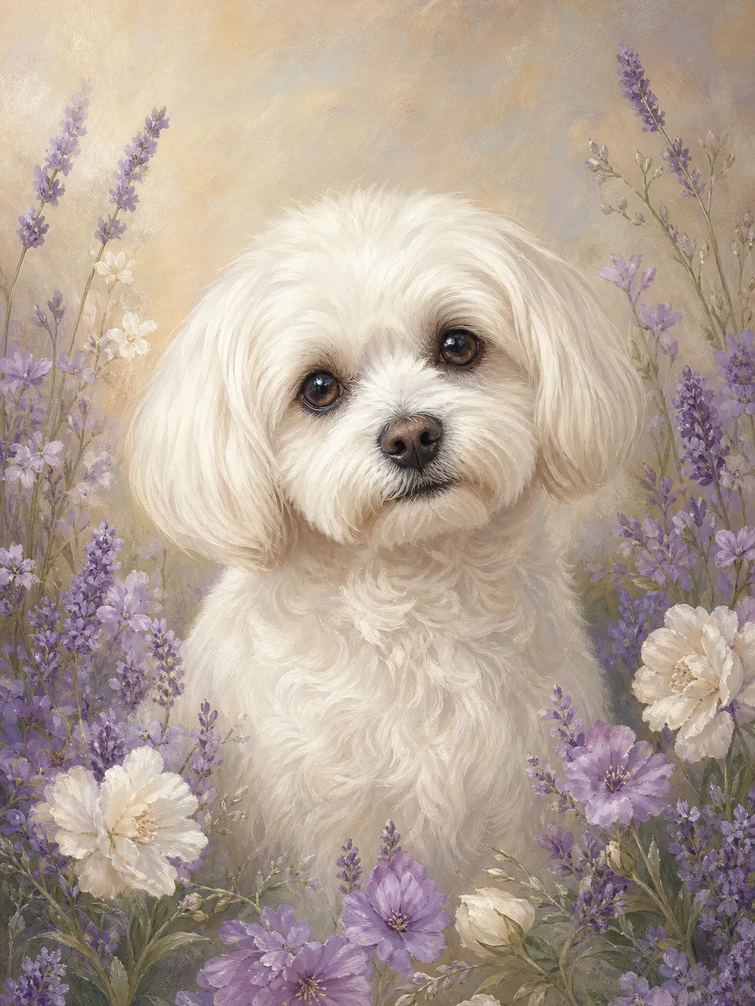 A gentle painterly pet memorial portrait of a small white dog, semi-realistic hand-painted illustration style, surrounded by soft lavender and white flowers, warm neutral background, expressive kind eyes, peaceful and loving atmosphere, elegant custom remembrance artwork, suitable for pet loss gift, printable wall art, no text, no logo, no watermark Negative prompt: photorealistic, cartoonish mascot, harsh outline, dark funeral mood, cemetery, angel wings, halo, distorted anatomy, extra legs, blurry, low quality, text, logo, watermark